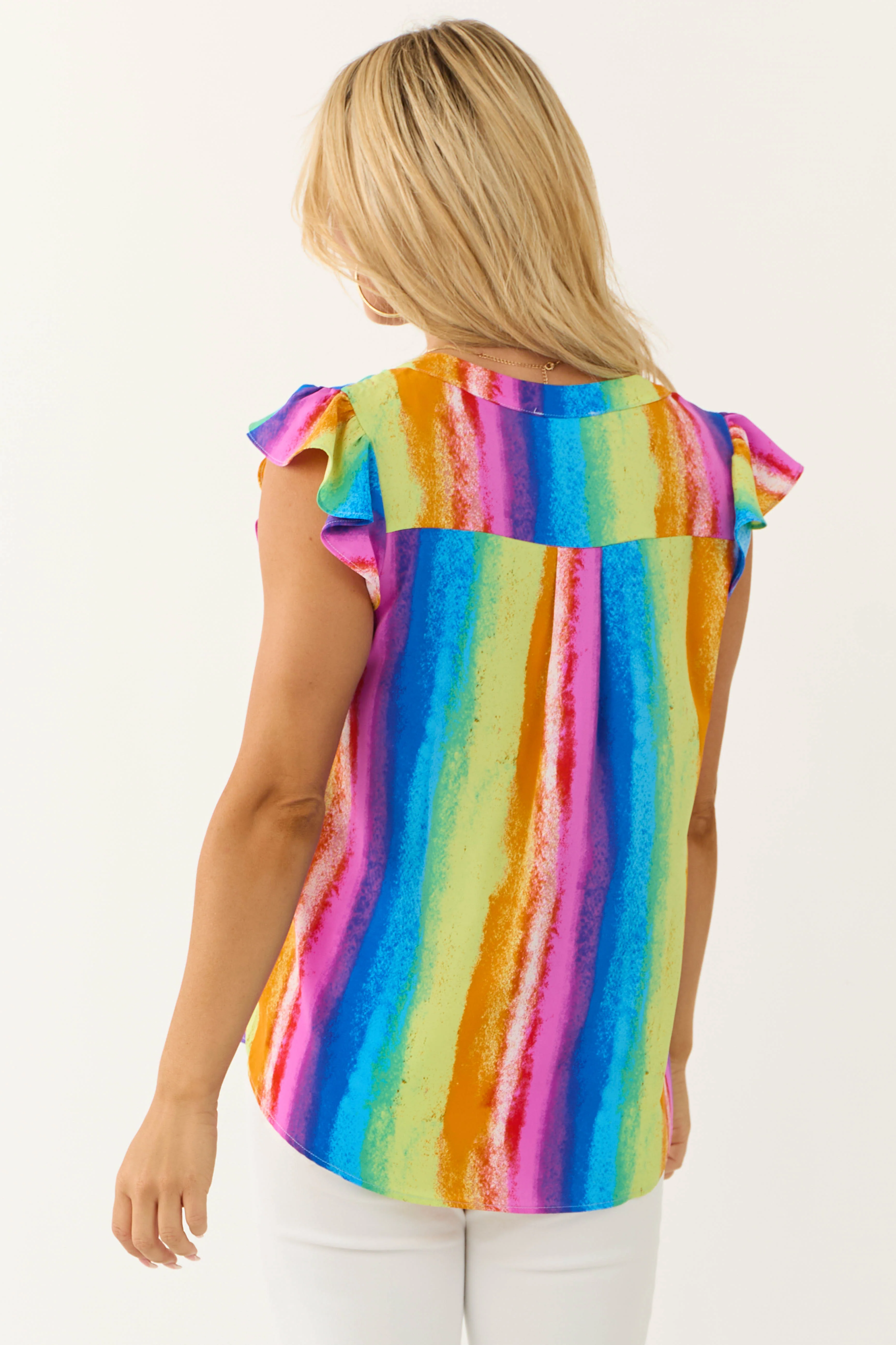 Rainbow Striped Notch Neck Ruffle Sleeve Top - Image 5