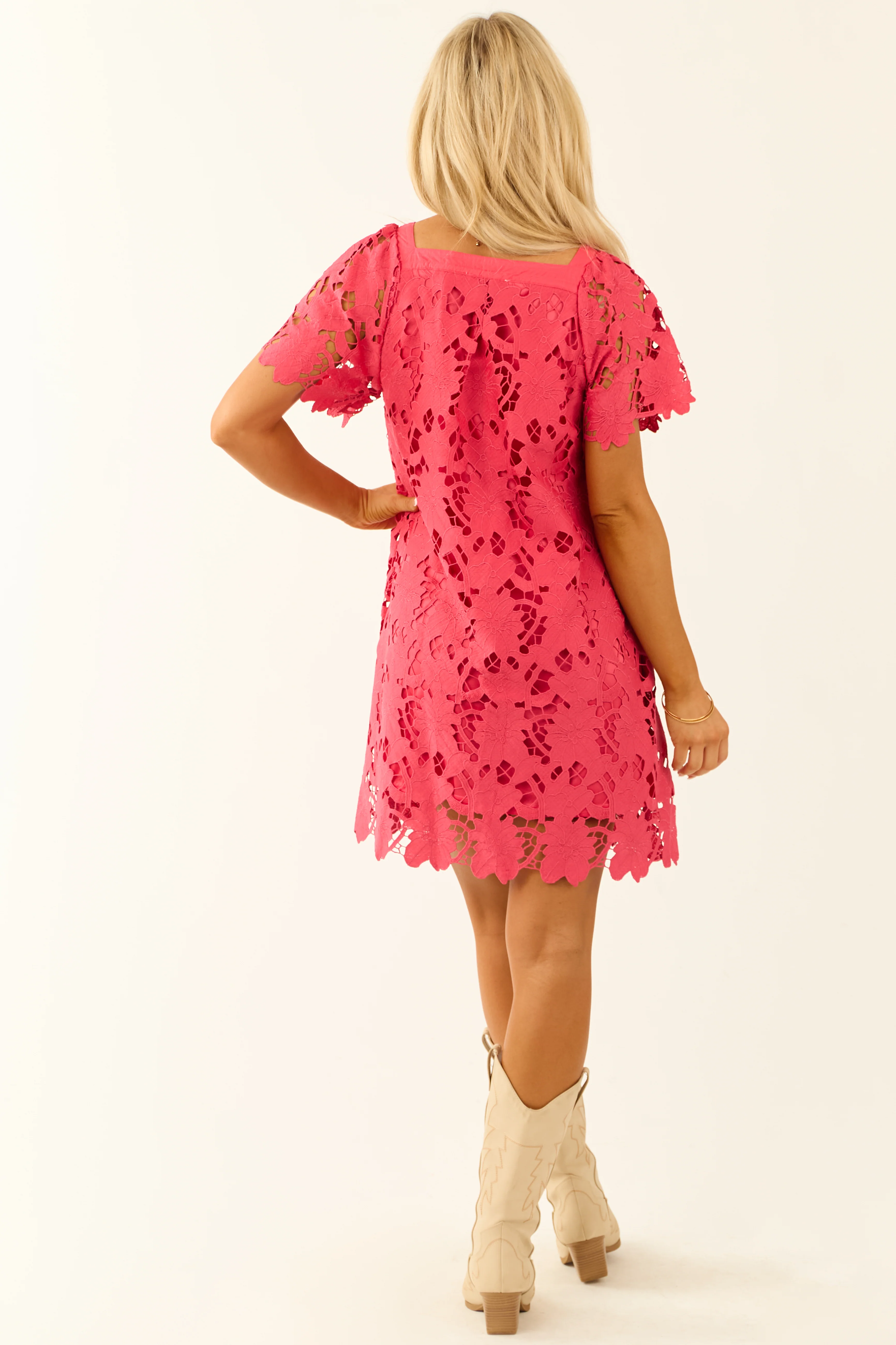Raspberry Floral Lace Short Sleeve Mini Dress - Image 5