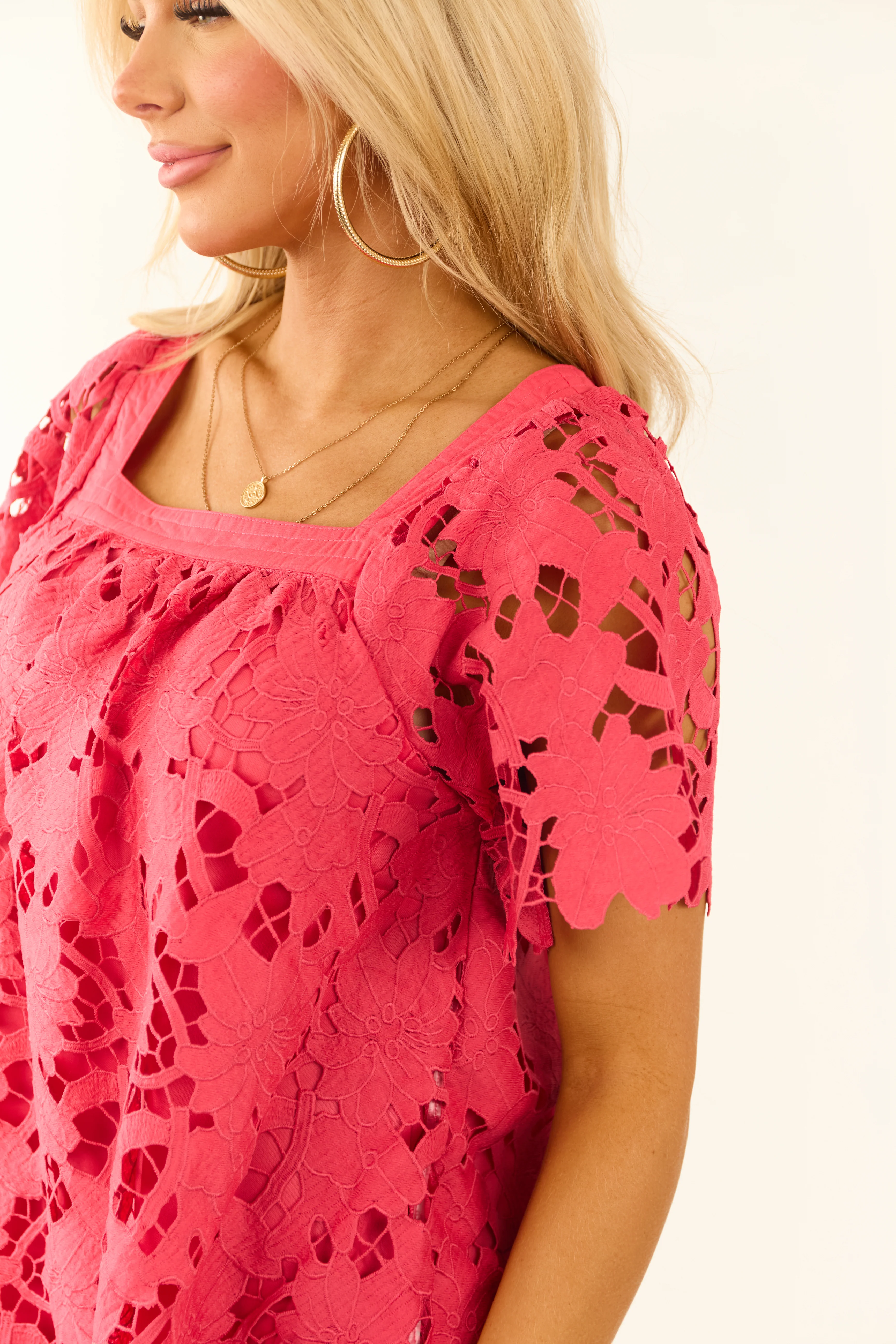 Raspberry Floral Lace Short Sleeve Mini Dress - Image 6