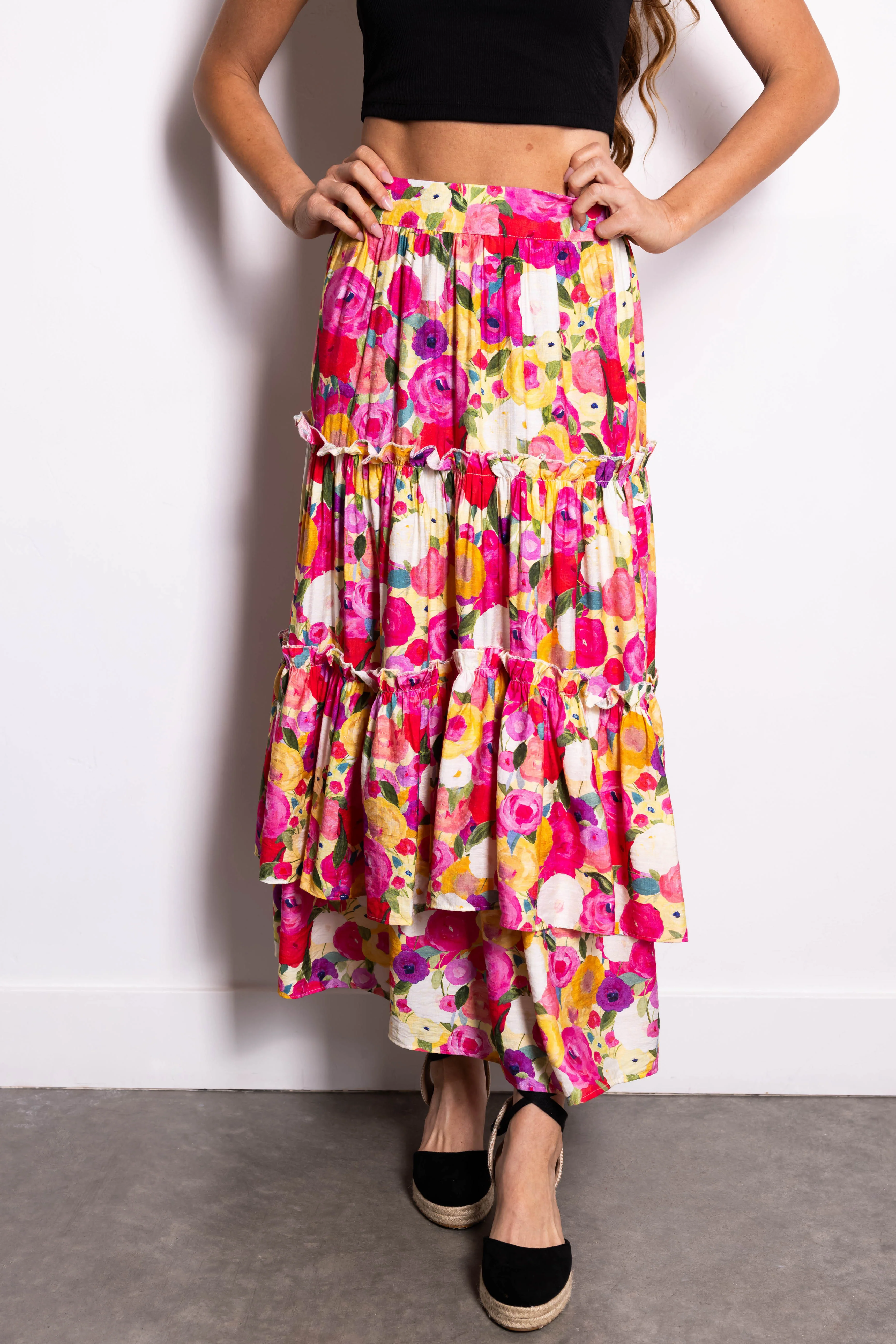 Raspberry Floral Print Tiered Maxi Skirt - Image 3