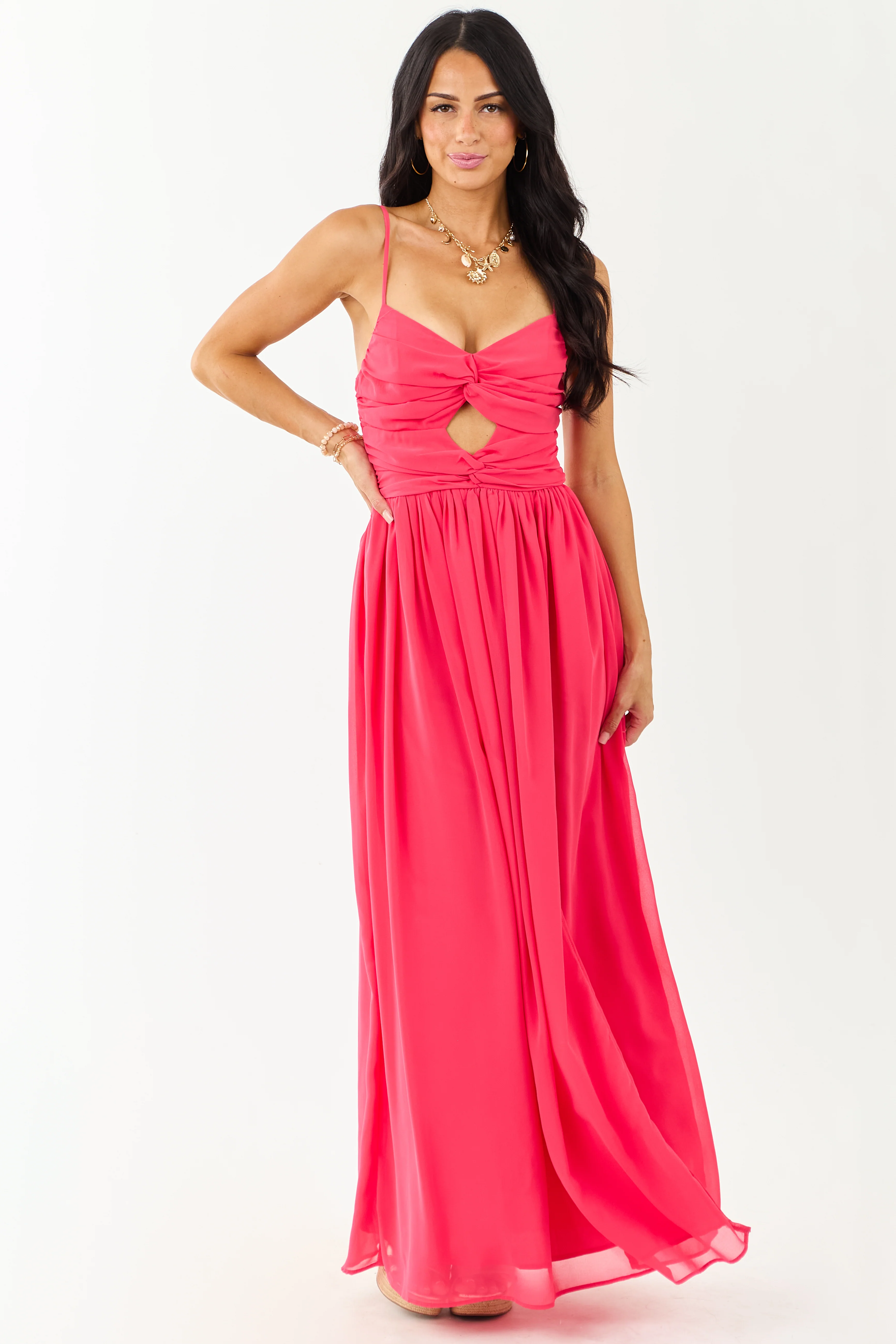 Raspberry Flowy Chiffon Front Twist Maxi Dress - Image 2