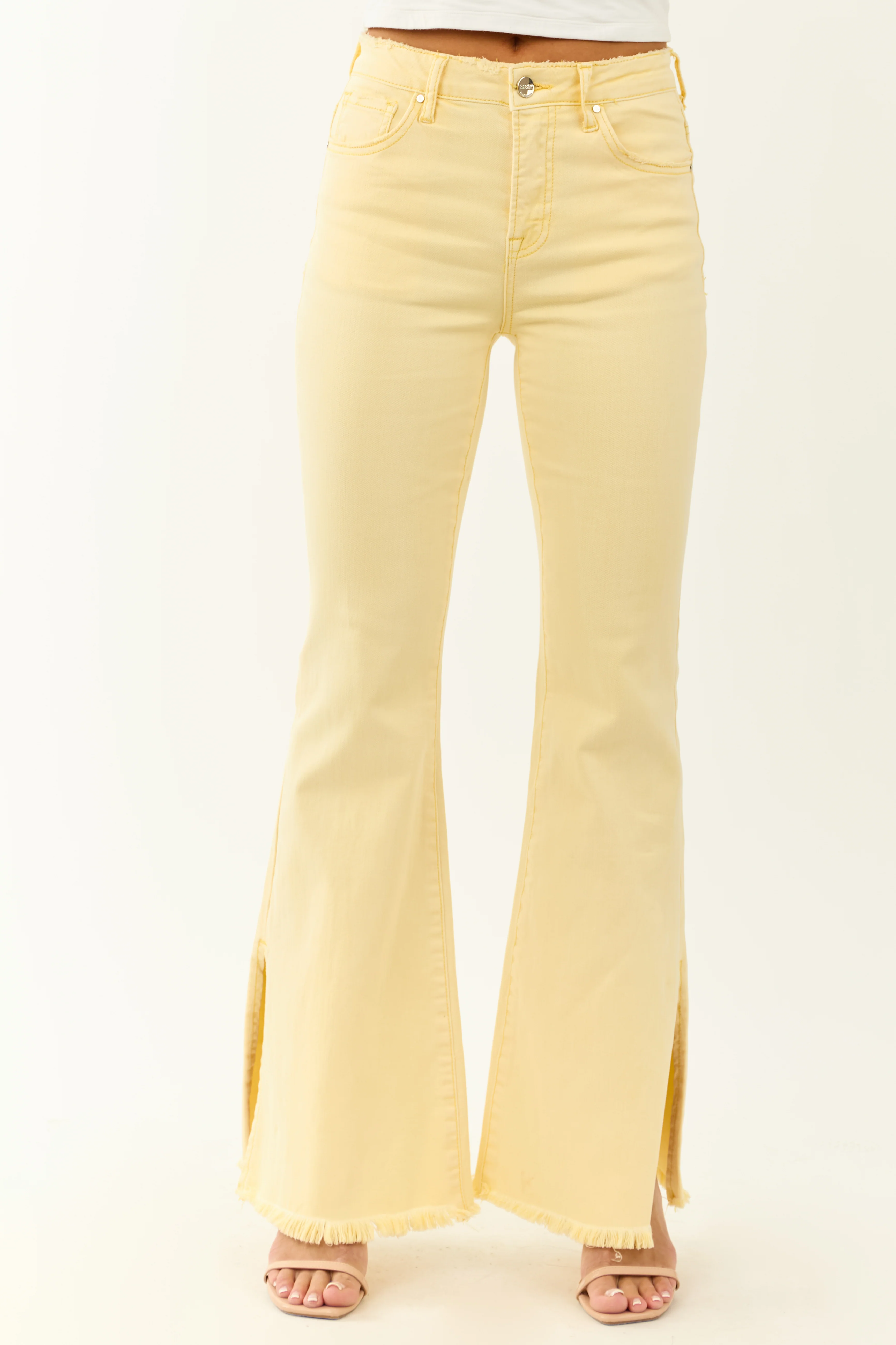 Risen Buttercream Side Slit Stretchy Flare Jeans - Image 2