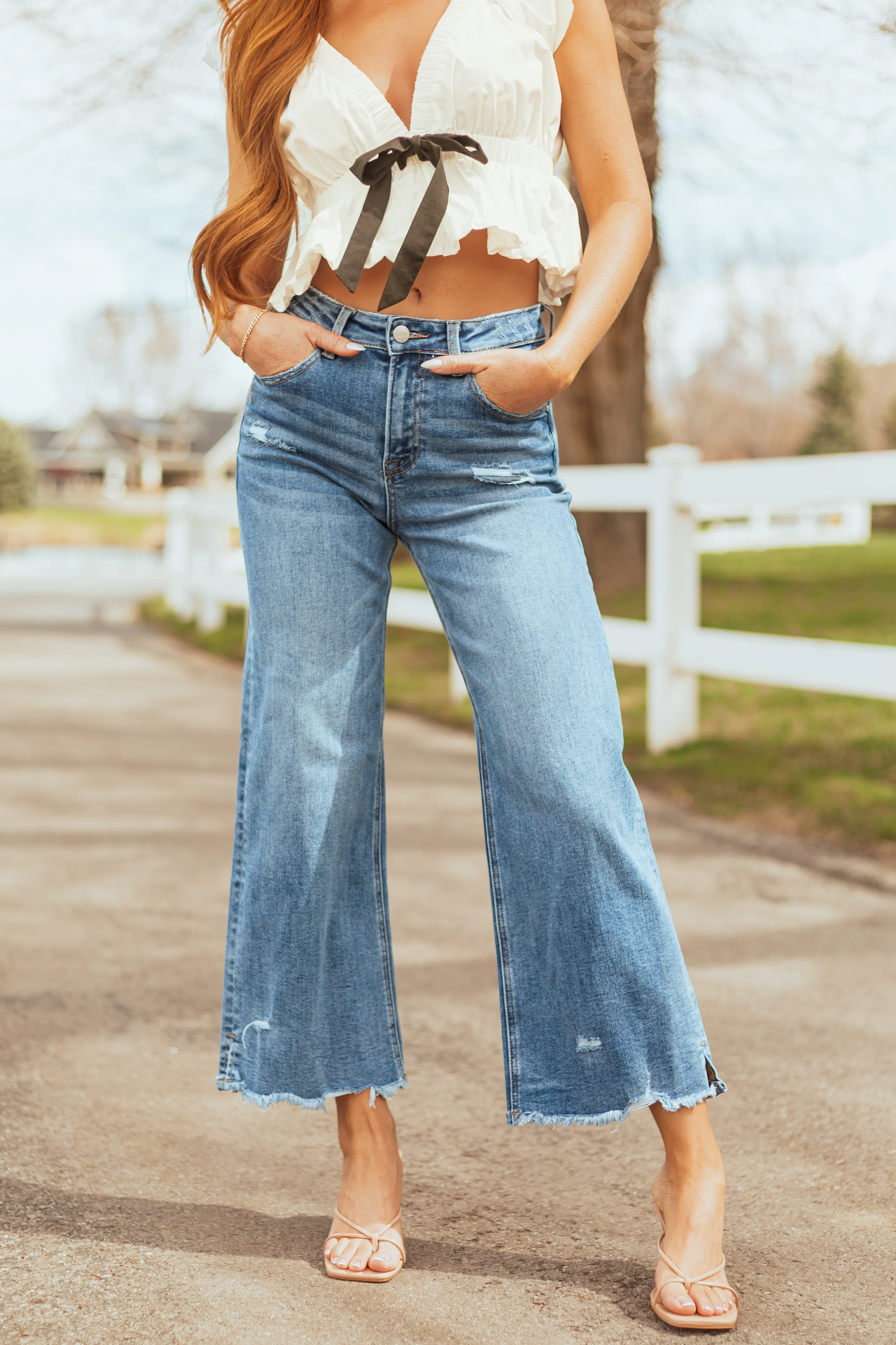Risen Cropped Frayed Slit Hem Stretchy Wide Jeans