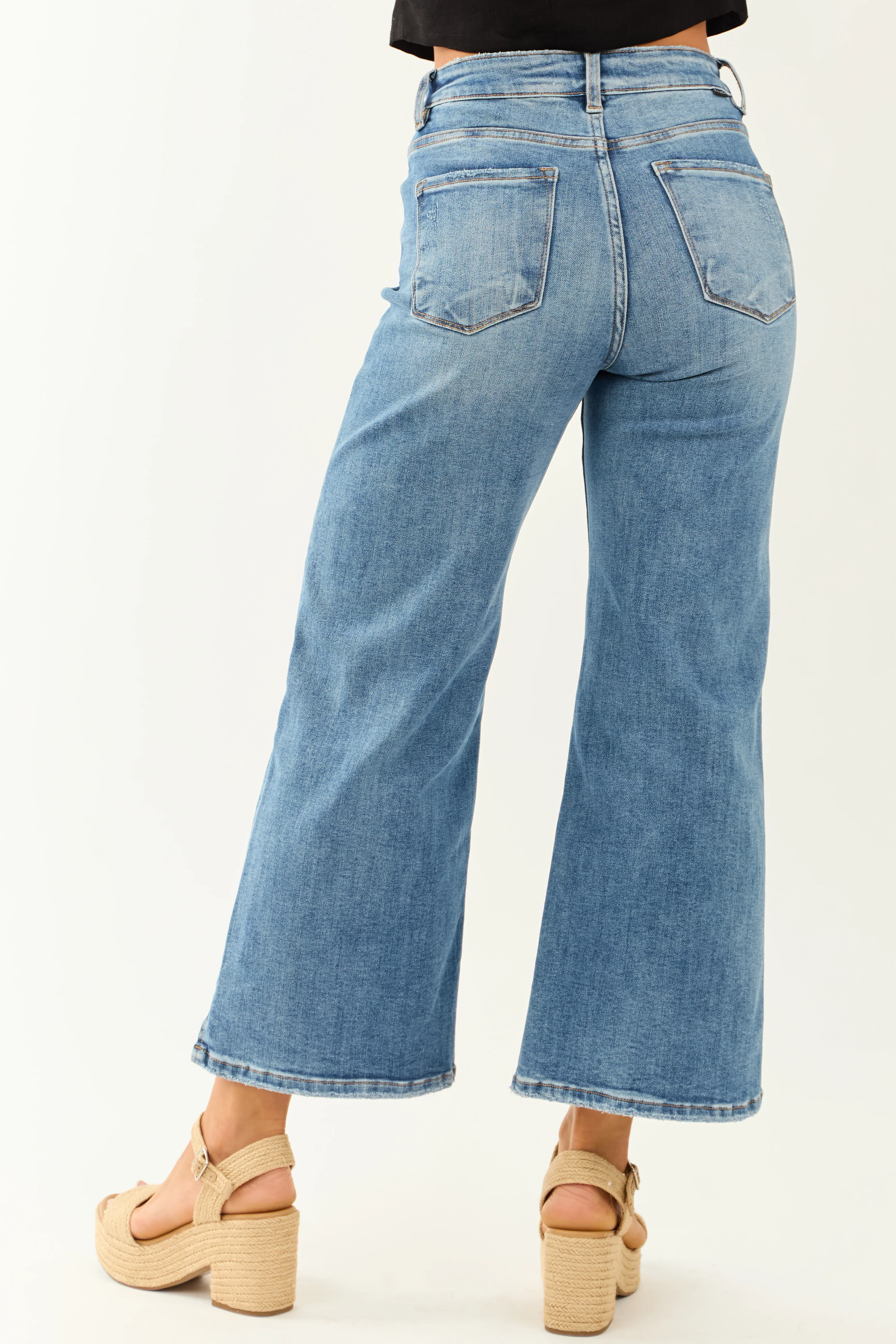 Risen Cropped Frayed Slit Hem Stretchy Wide Jeans - Image 5