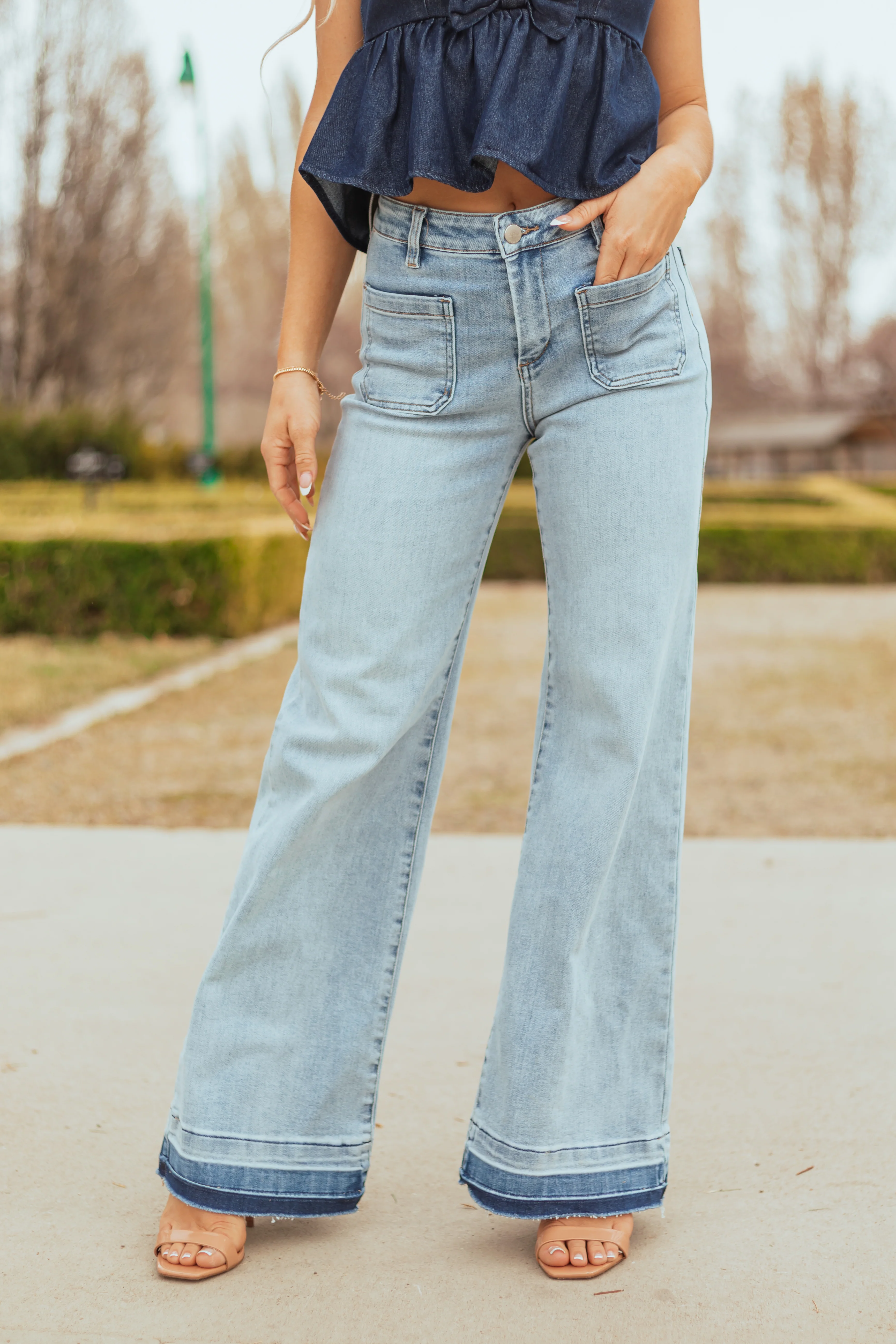 Risen Light Wash Stretchy Ombre Hem Wide Leg Jeans