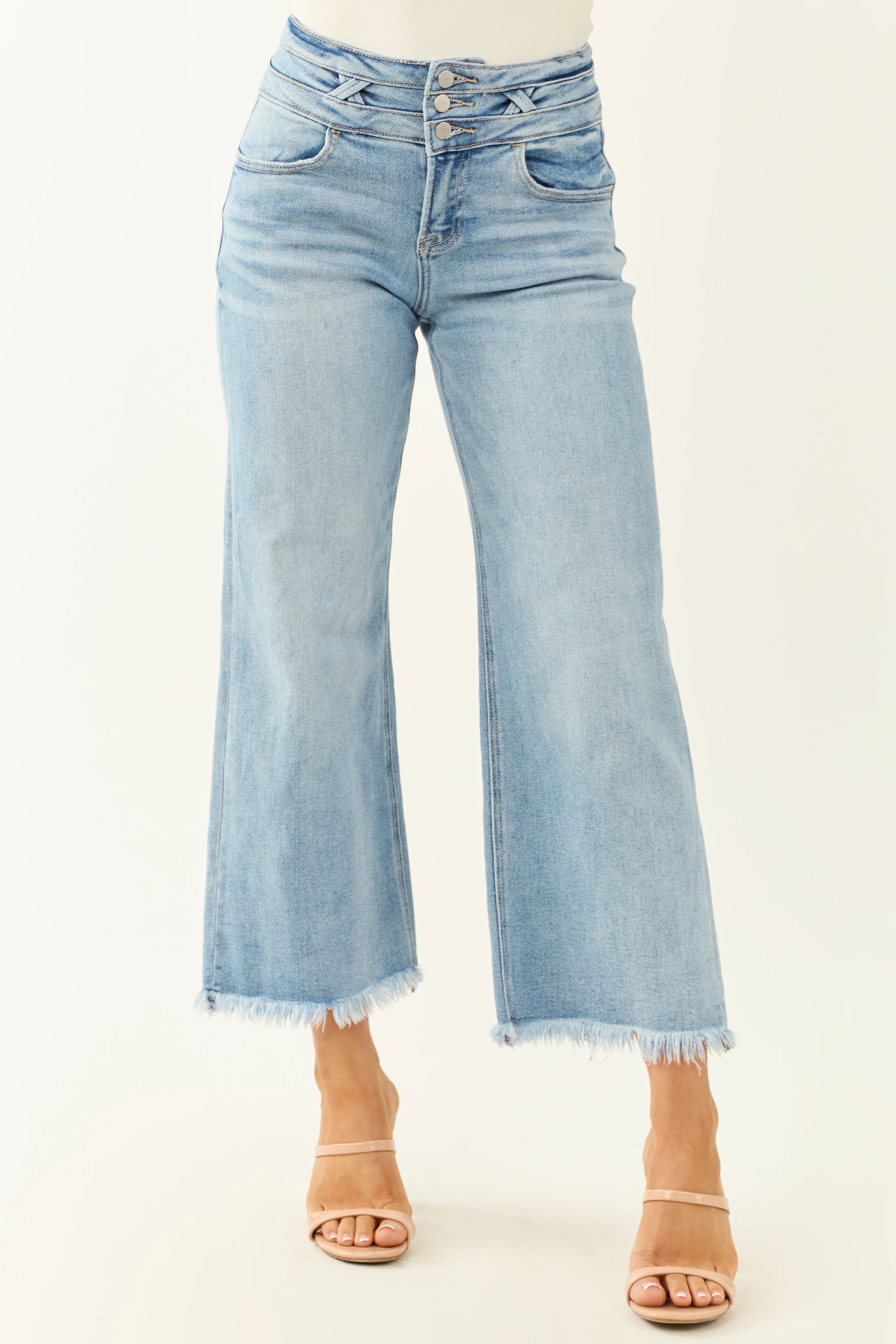 Risen Light Wash Stretchy Wide Leg Cropped Jeans