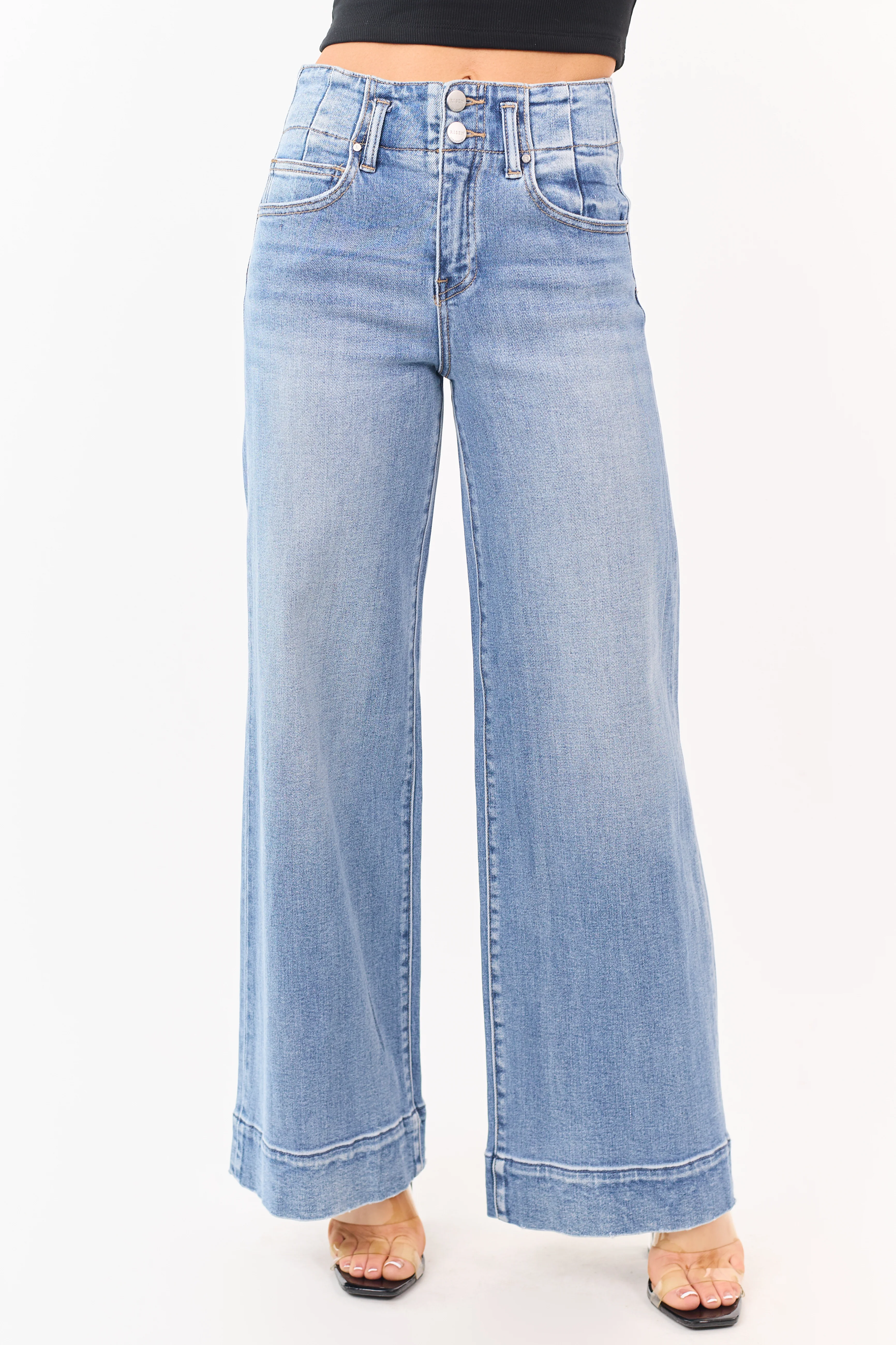 Risen Medium Wash Waist Seam Wide Leg Stretchy Jeans - Image 2