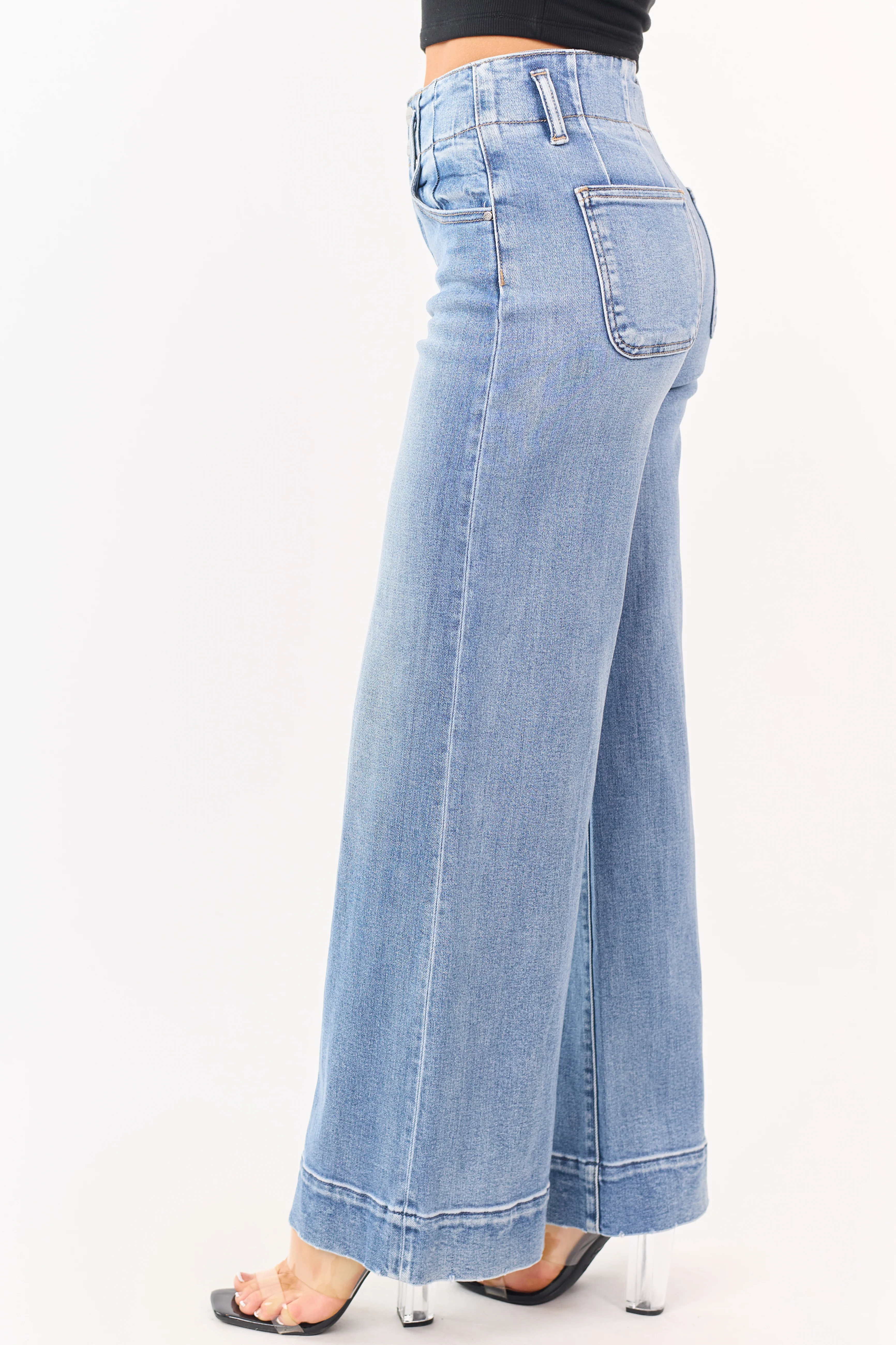 Risen Medium Wash Waist Seam Wide Leg Stretchy Jeans - Image 3