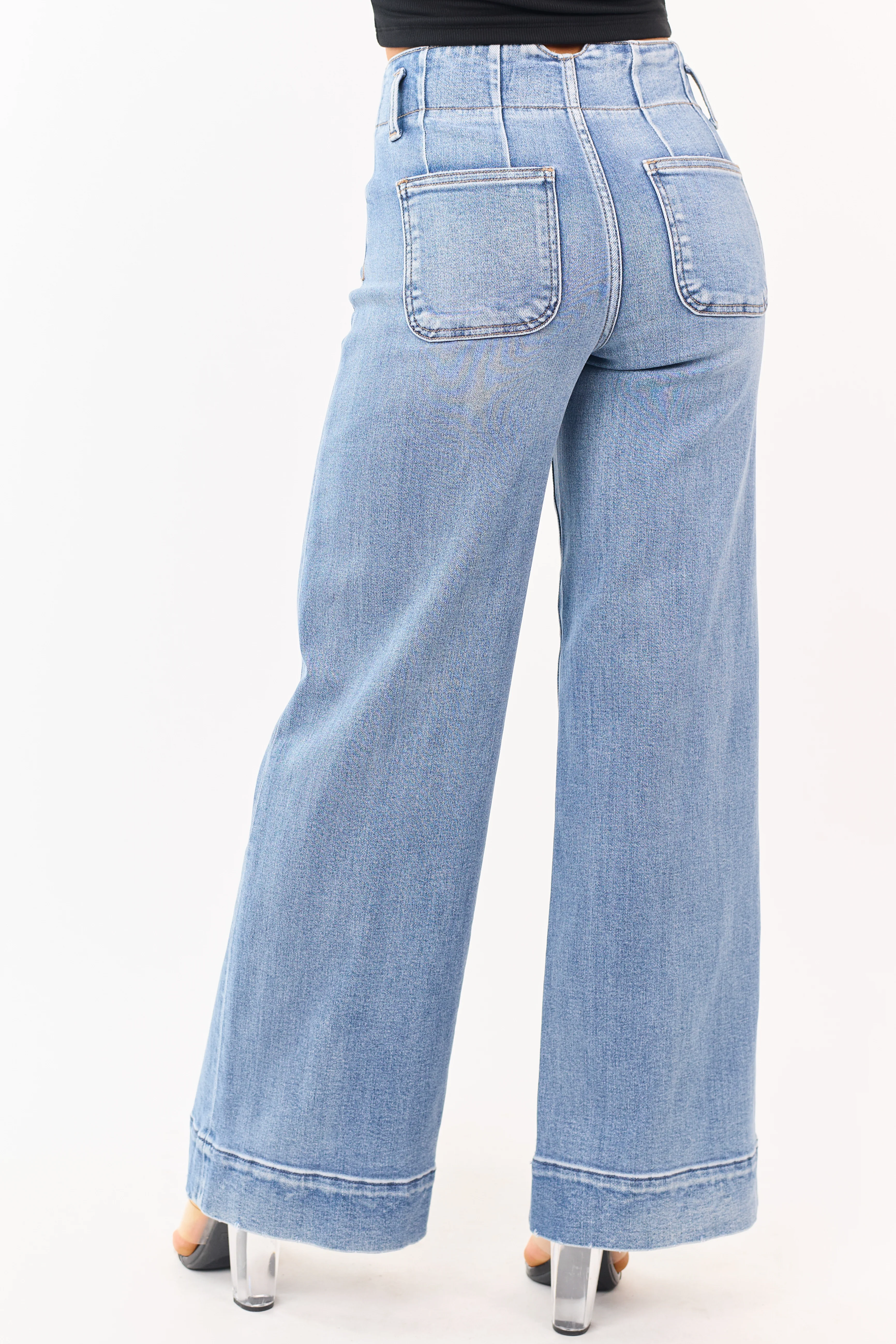 Risen Medium Wash Waist Seam Wide Leg Stretchy Jeans - Image 4