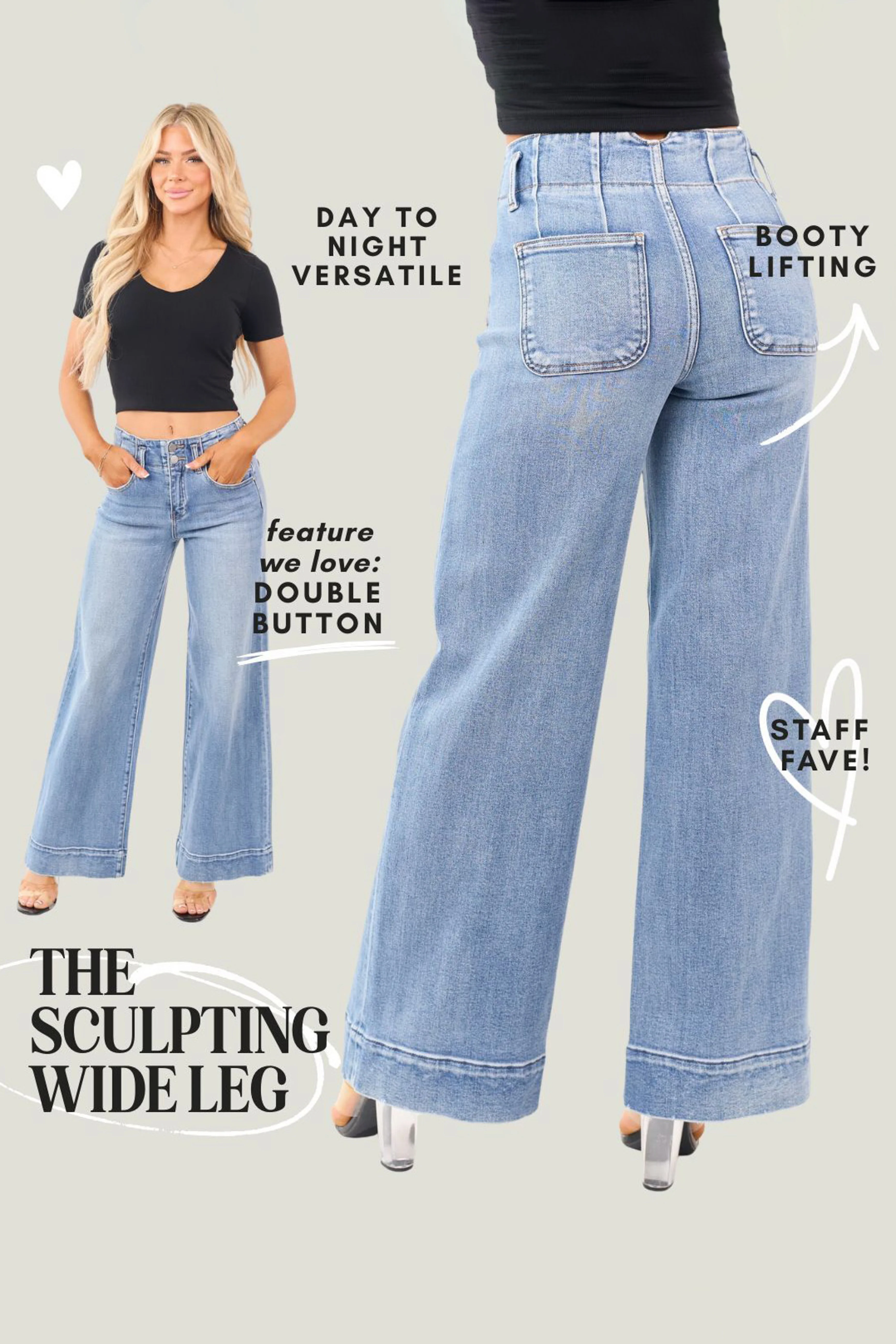 Risen Medium Wash Waist Seam Wide Leg Stretchy Jeans - Image 7