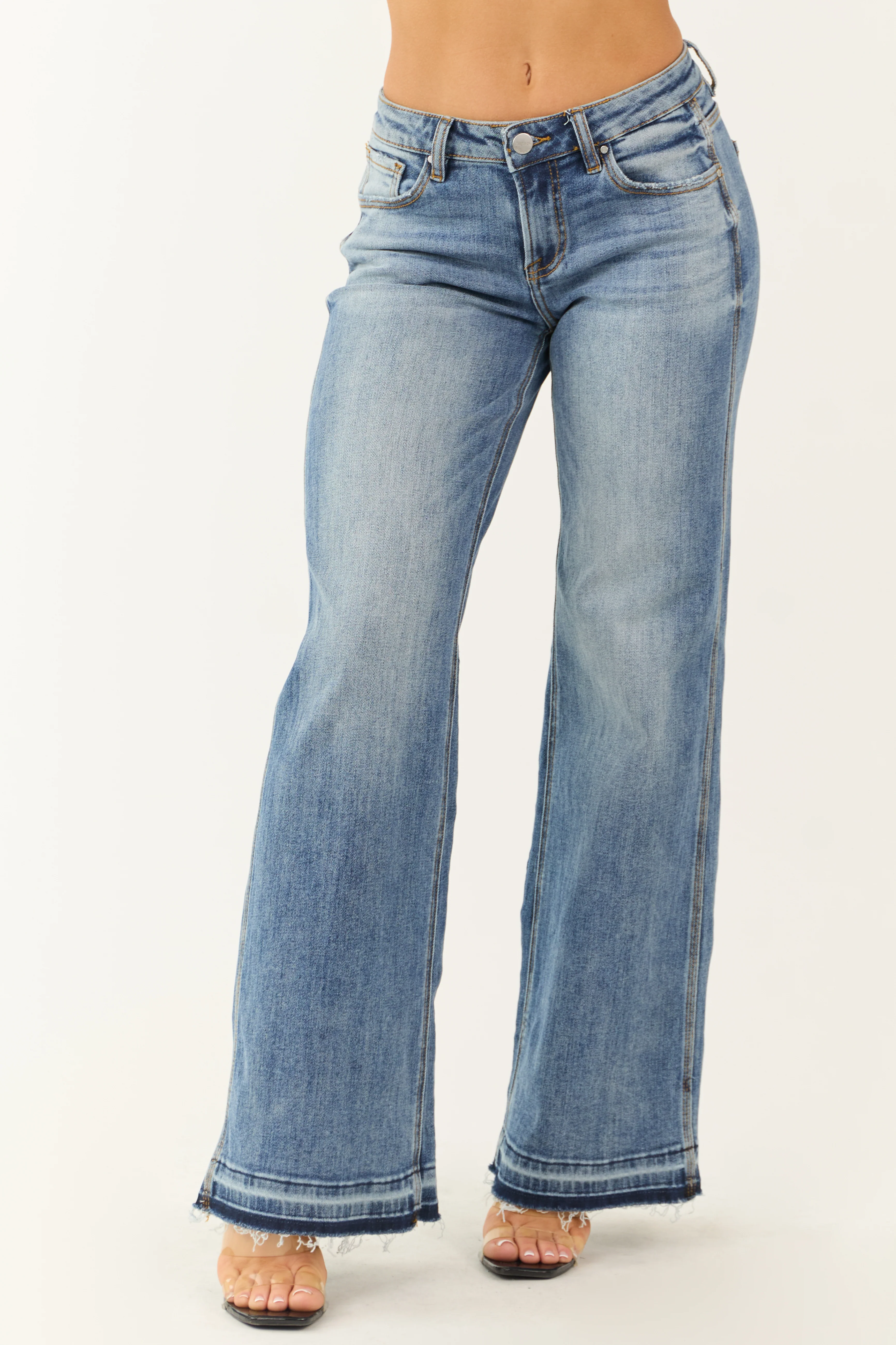 Risen Medium Wash Wide Leg Released Hem Jeans