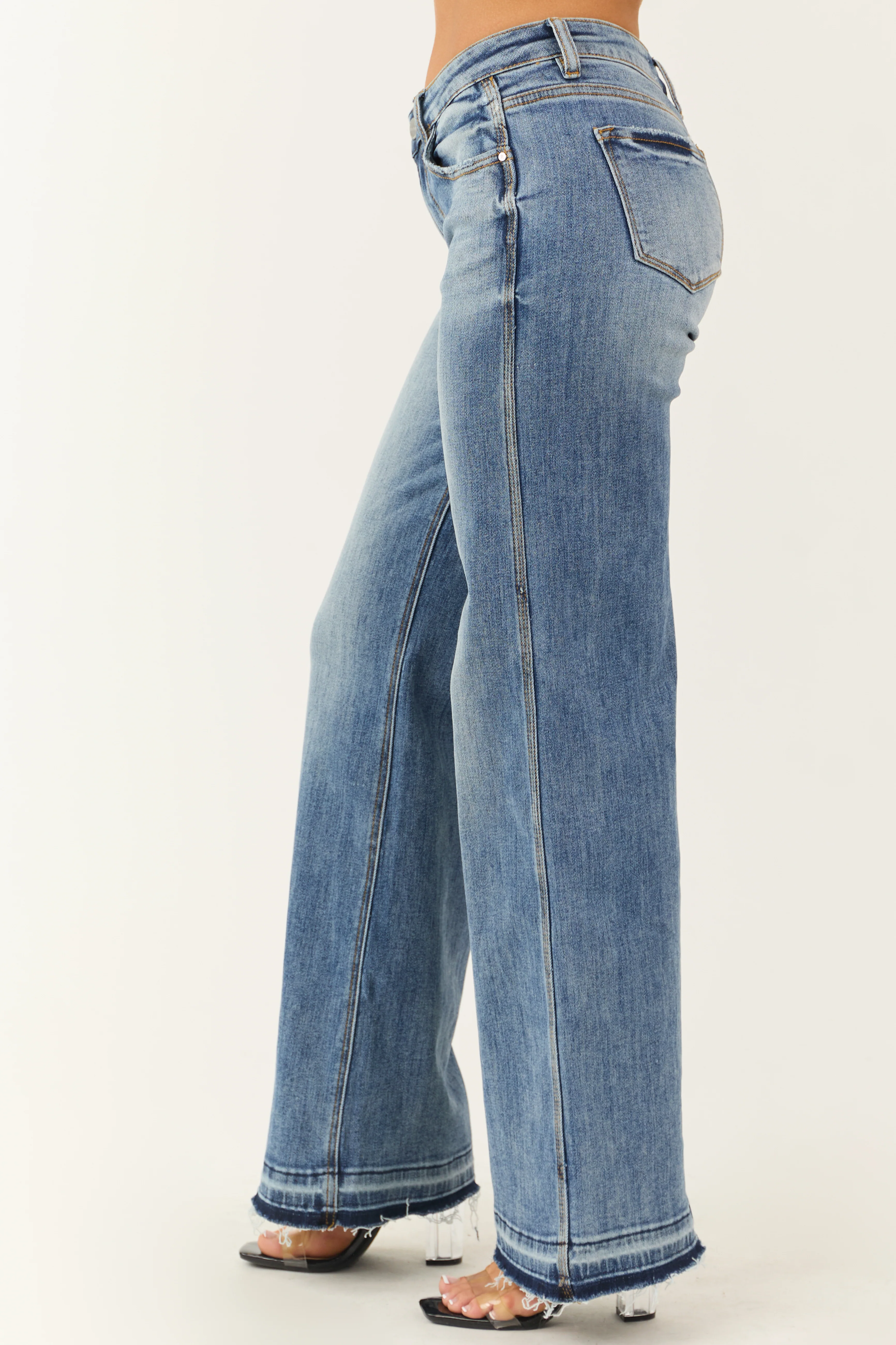 Risen Medium Wash Wide Leg Released Hem Jeans - Image 3