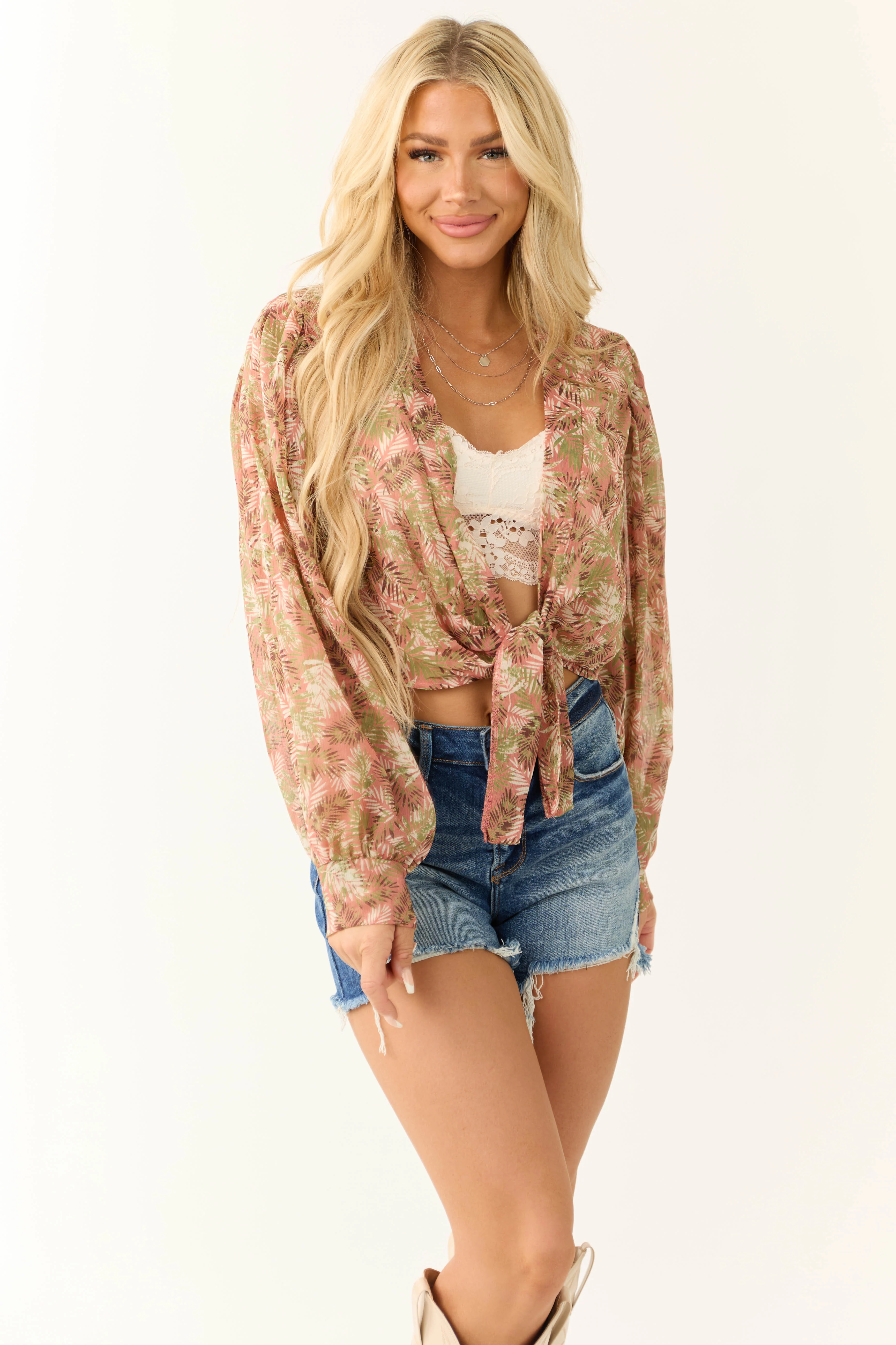Rose Taupe Leaf Print Tie Front Kimono - Image 4