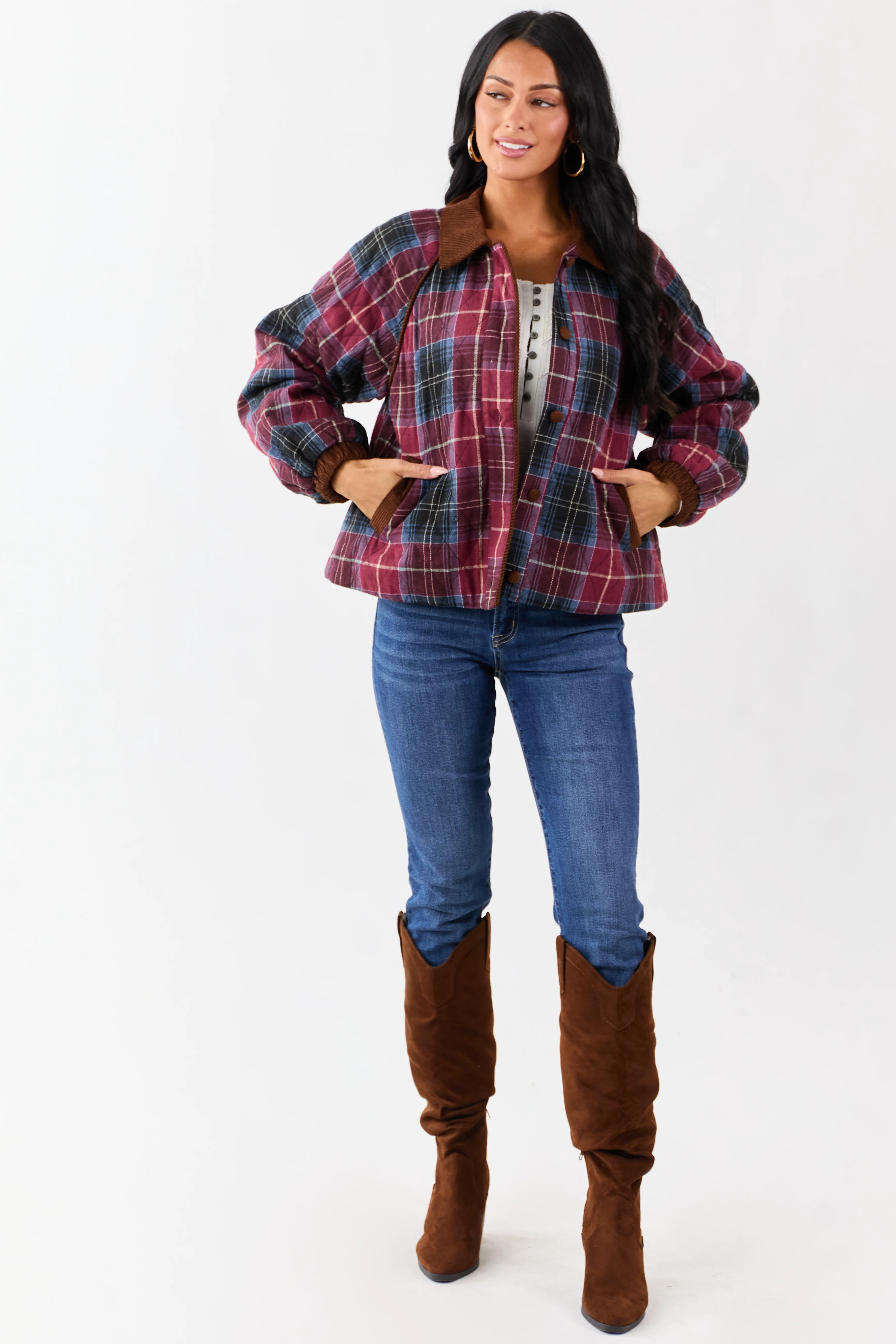 Ruby Cotton Quilted Plaid Contrast Corduroy Jacket - Image 2