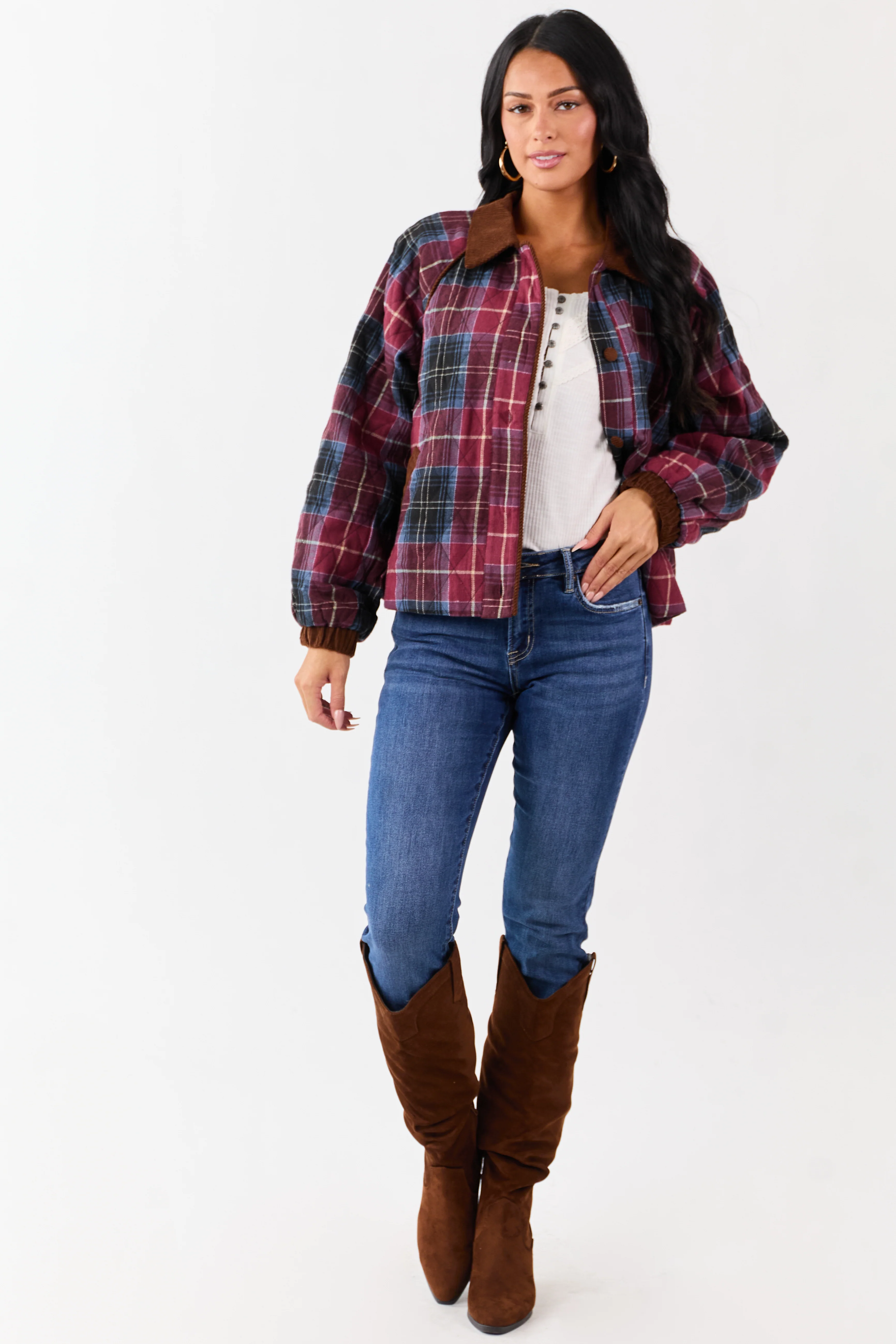 Ruby Cotton Quilted Plaid Contrast Corduroy Jacket - Image 3