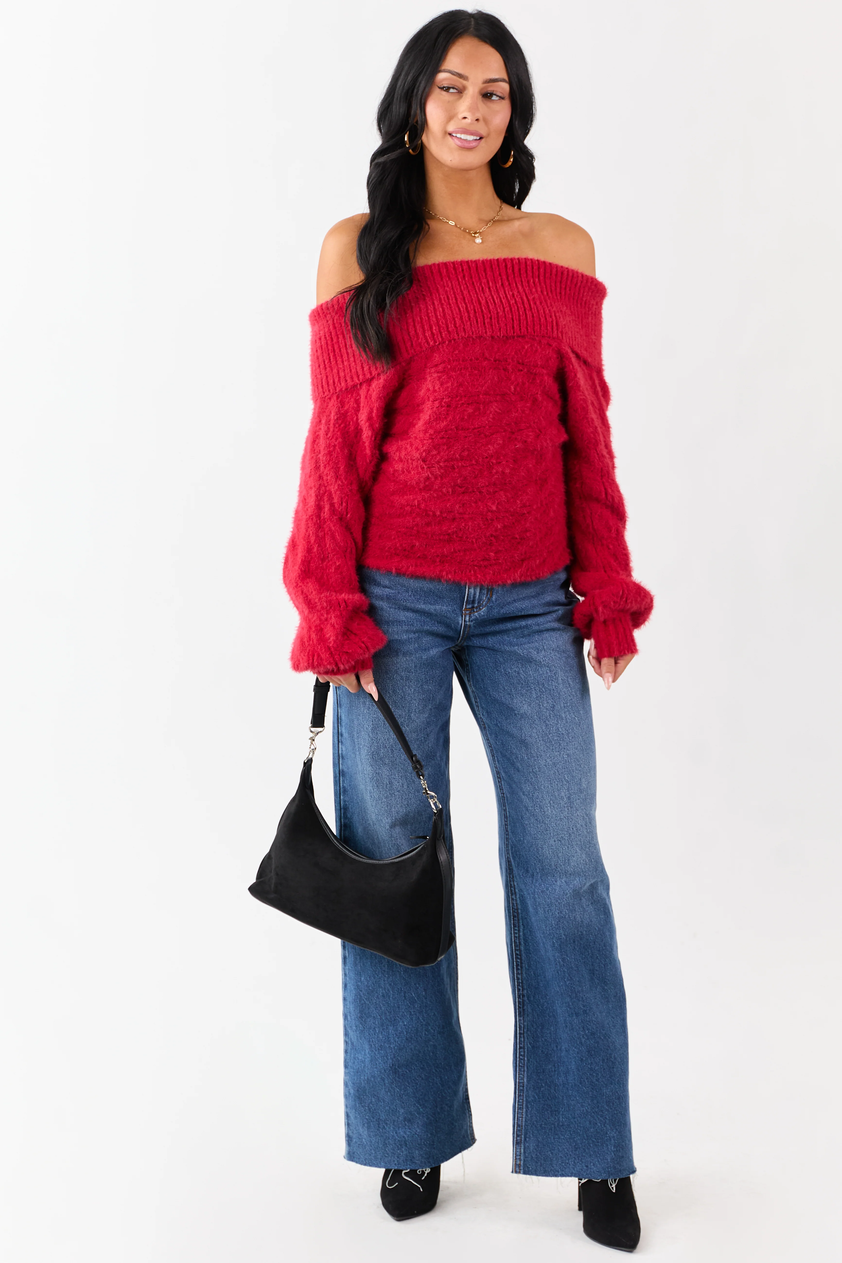 Ruby Fold Over Off Shoulder Eyelash Knit Sweater - Image 5