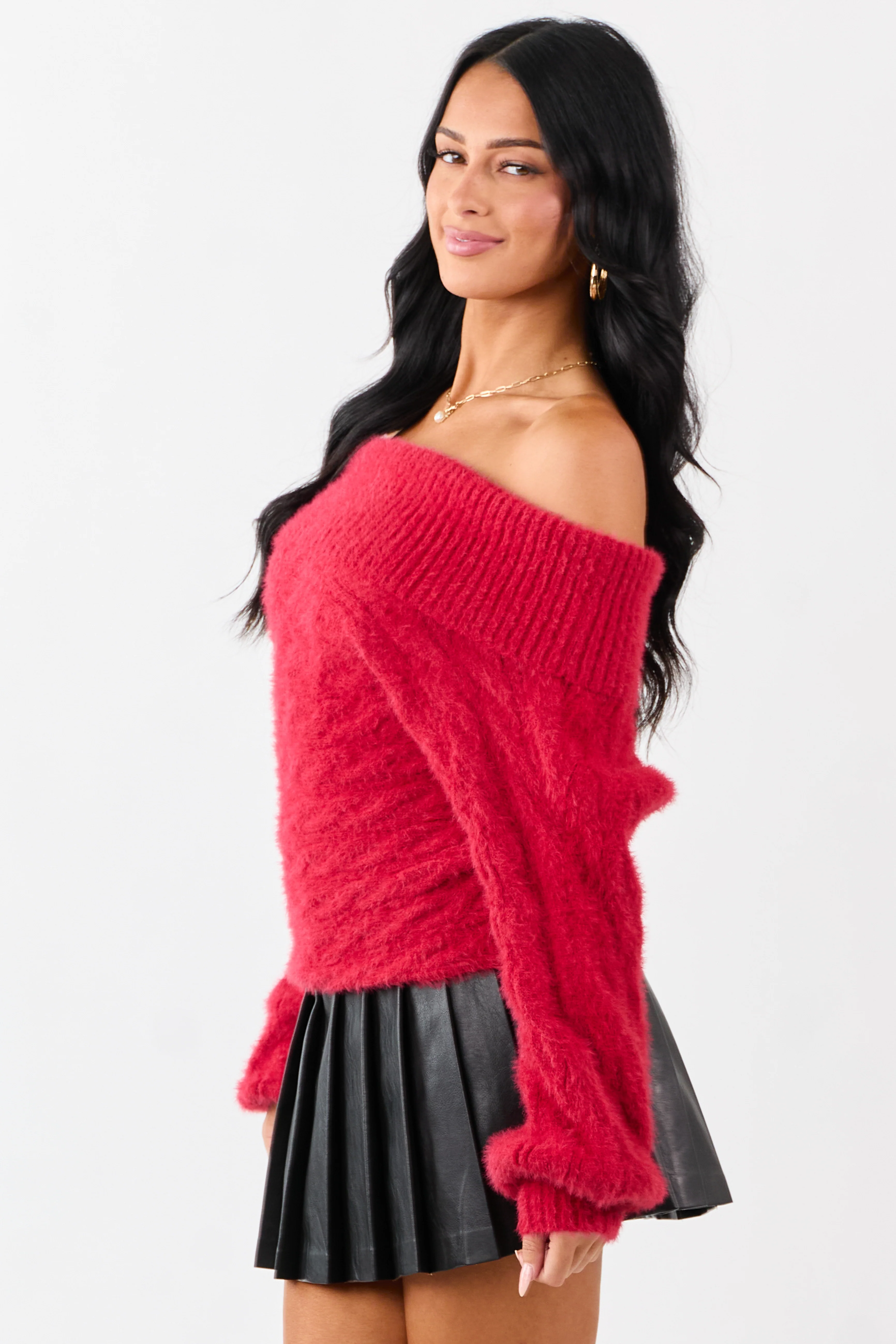 Ruby Fold Over Off Shoulder Eyelash Knit Sweater - Image 6
