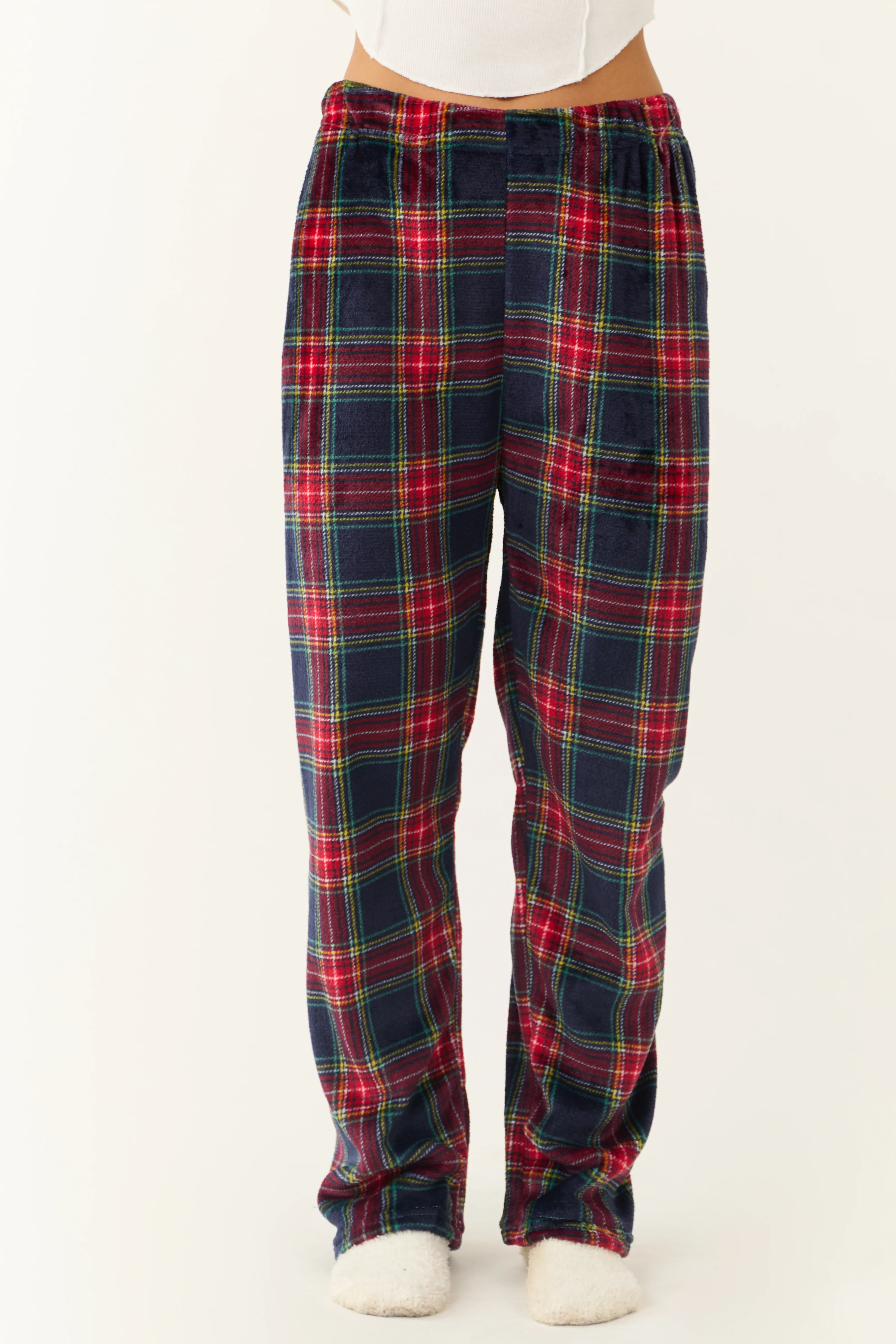 Ruby and Navy Plaid Fleece Pajama Pants - Image 2