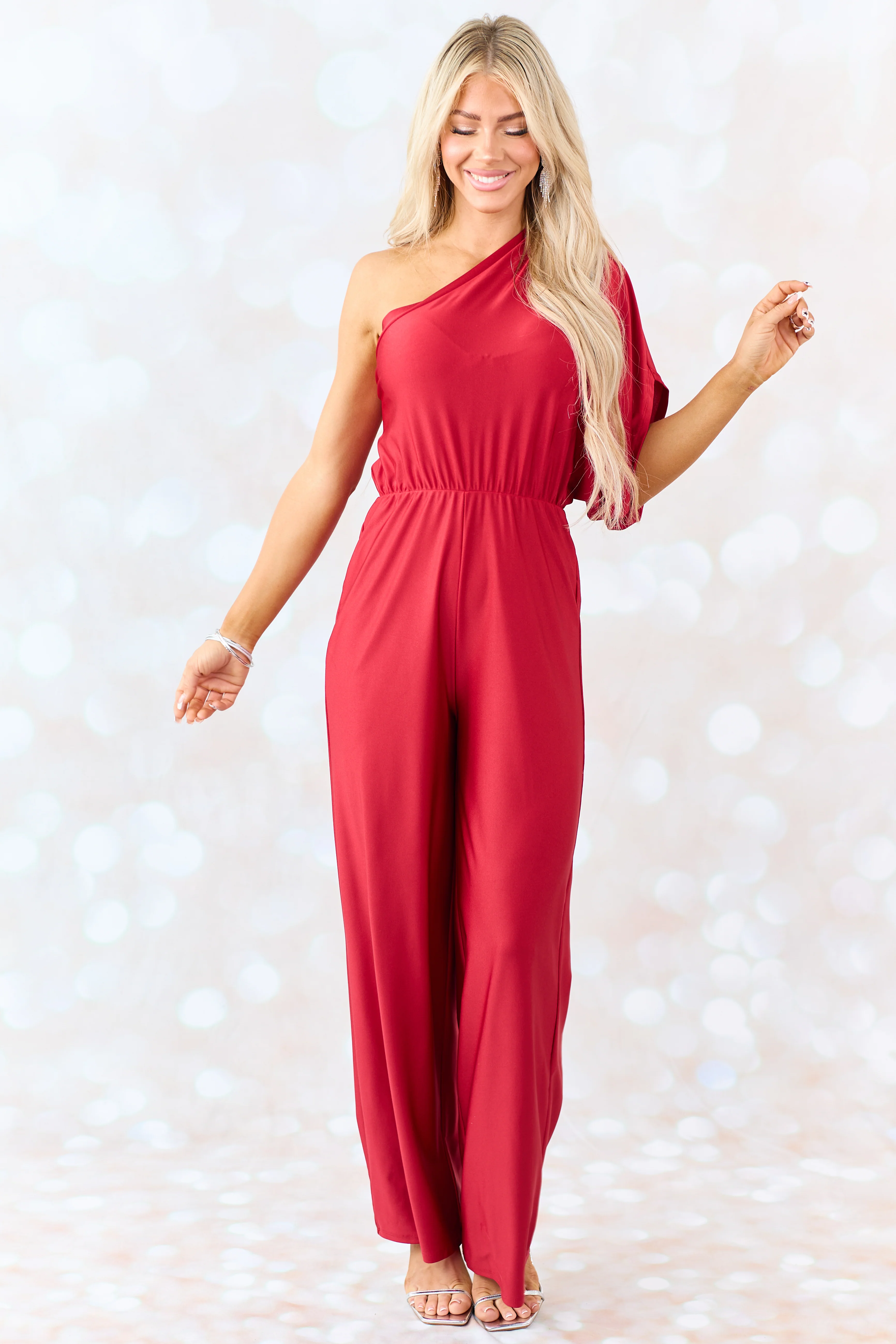Ruby One Shoulder Elastic Waist Satin Jumpsuit - Image 4