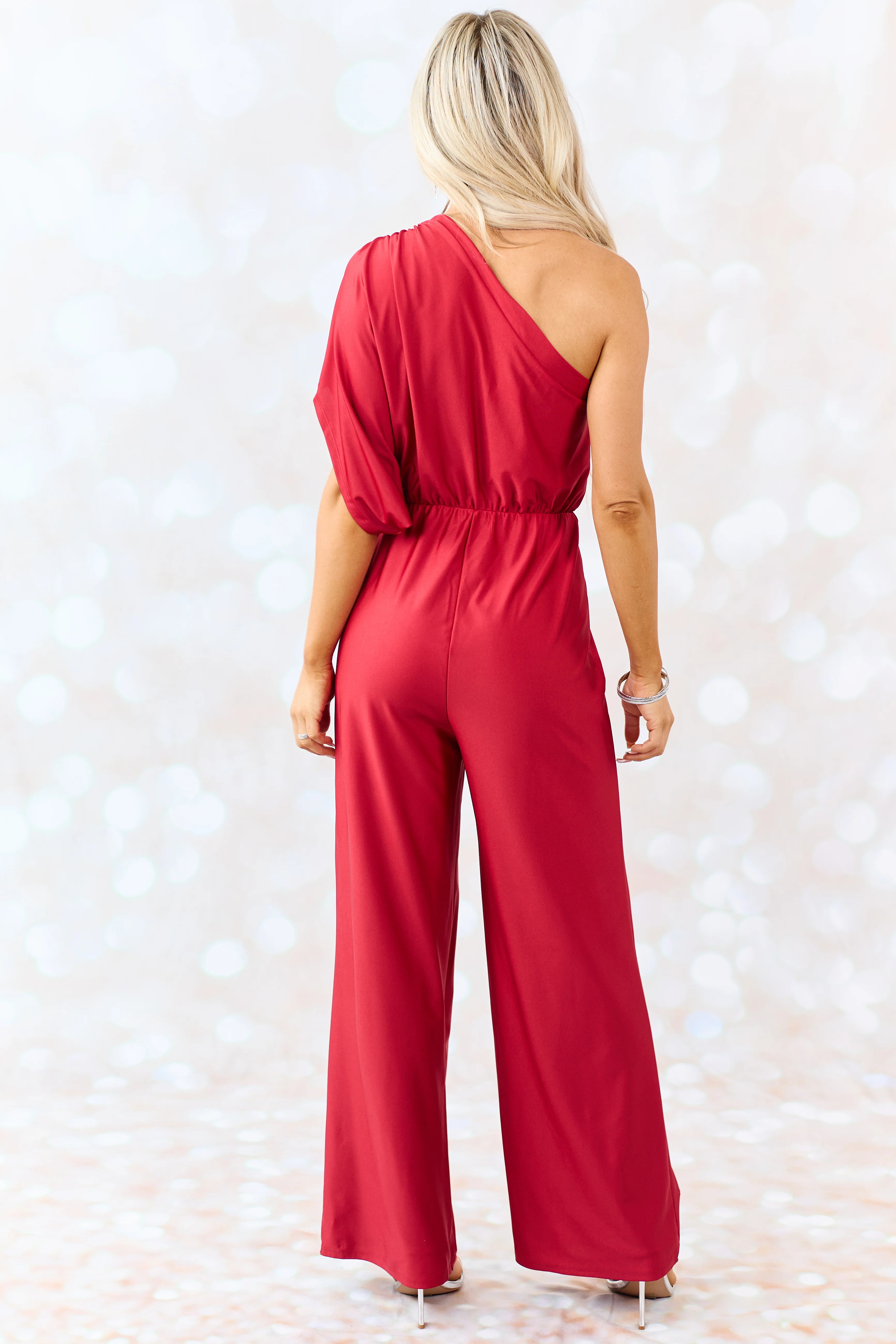 Ruby One Shoulder Elastic Waist Satin Jumpsuit - Image 7