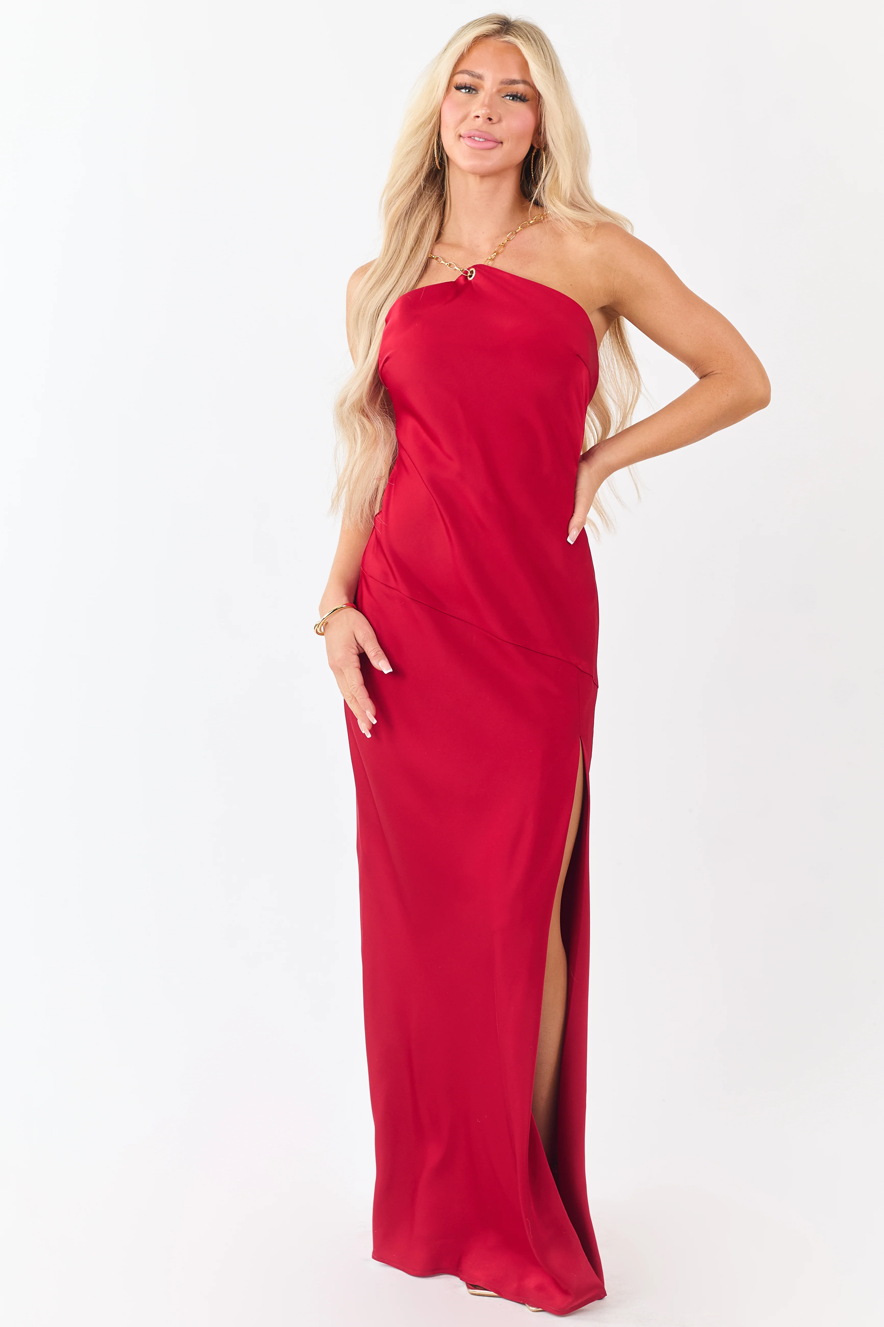 Ruby Satin Chain Halter Neck Backless Maxi Dress - Image 2