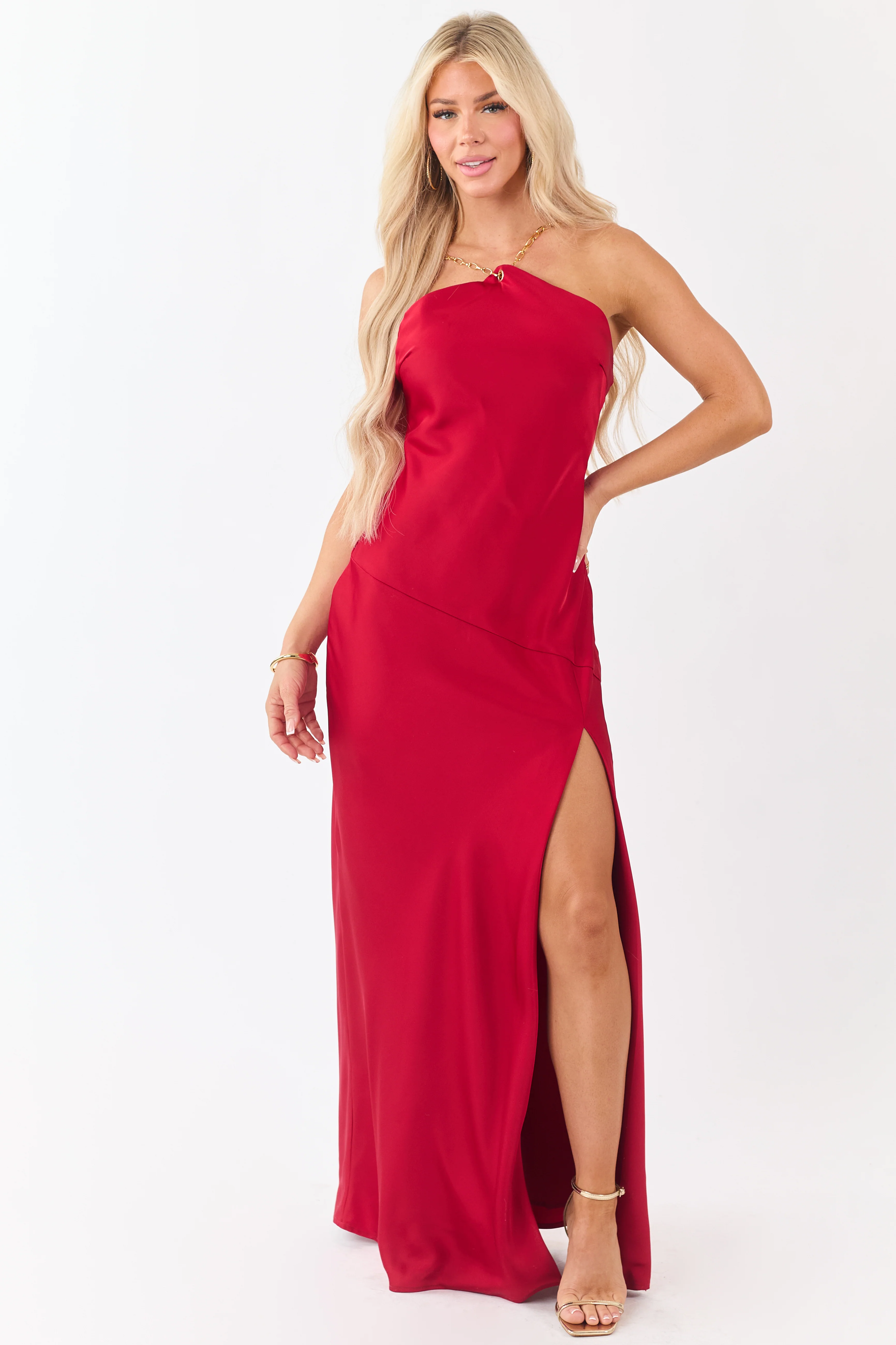 Ruby Satin Chain Halter Neck Backless Maxi Dress - Image 3