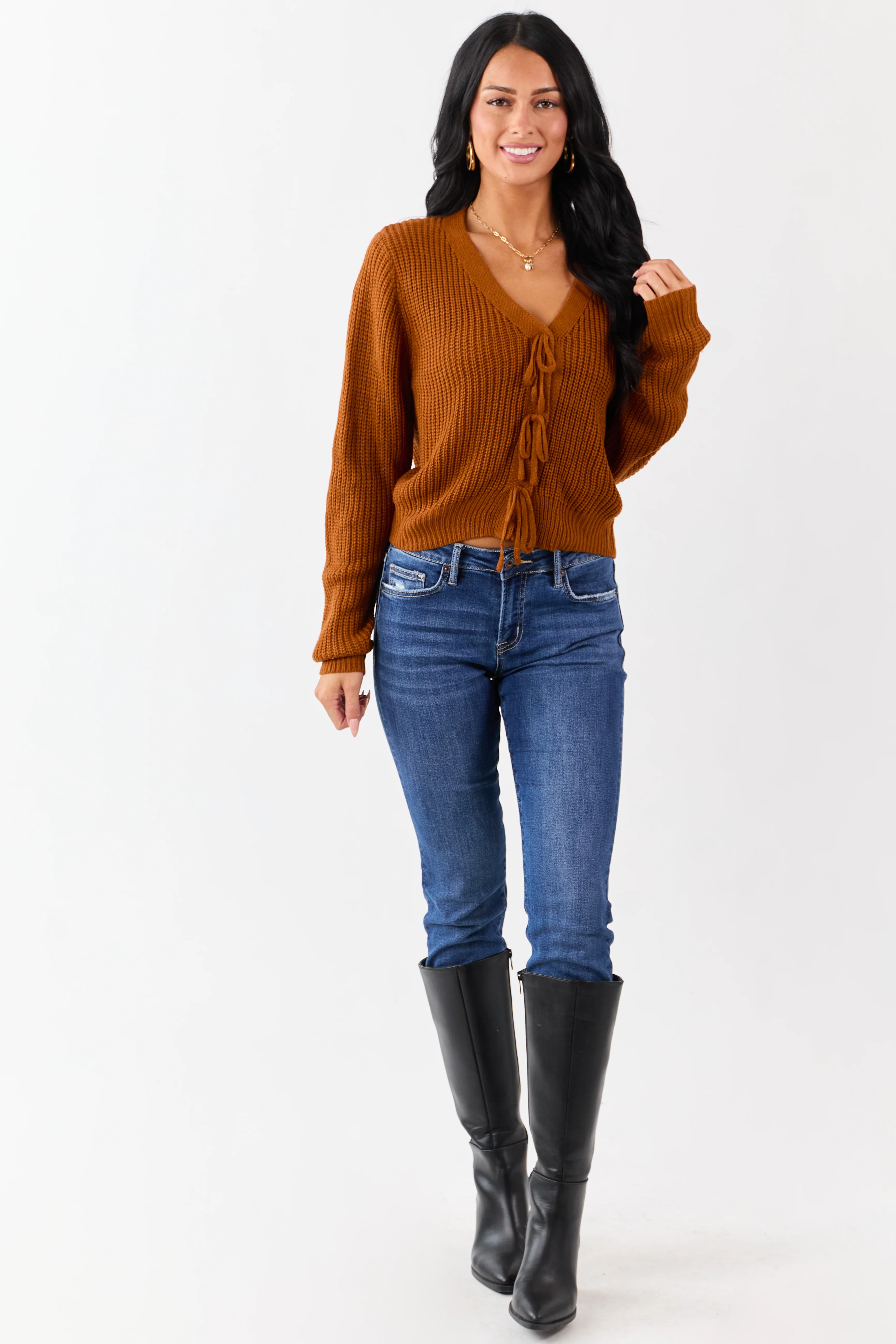 Rust Rib Knit Button Down Bow Sweater Cardigan - Image 2