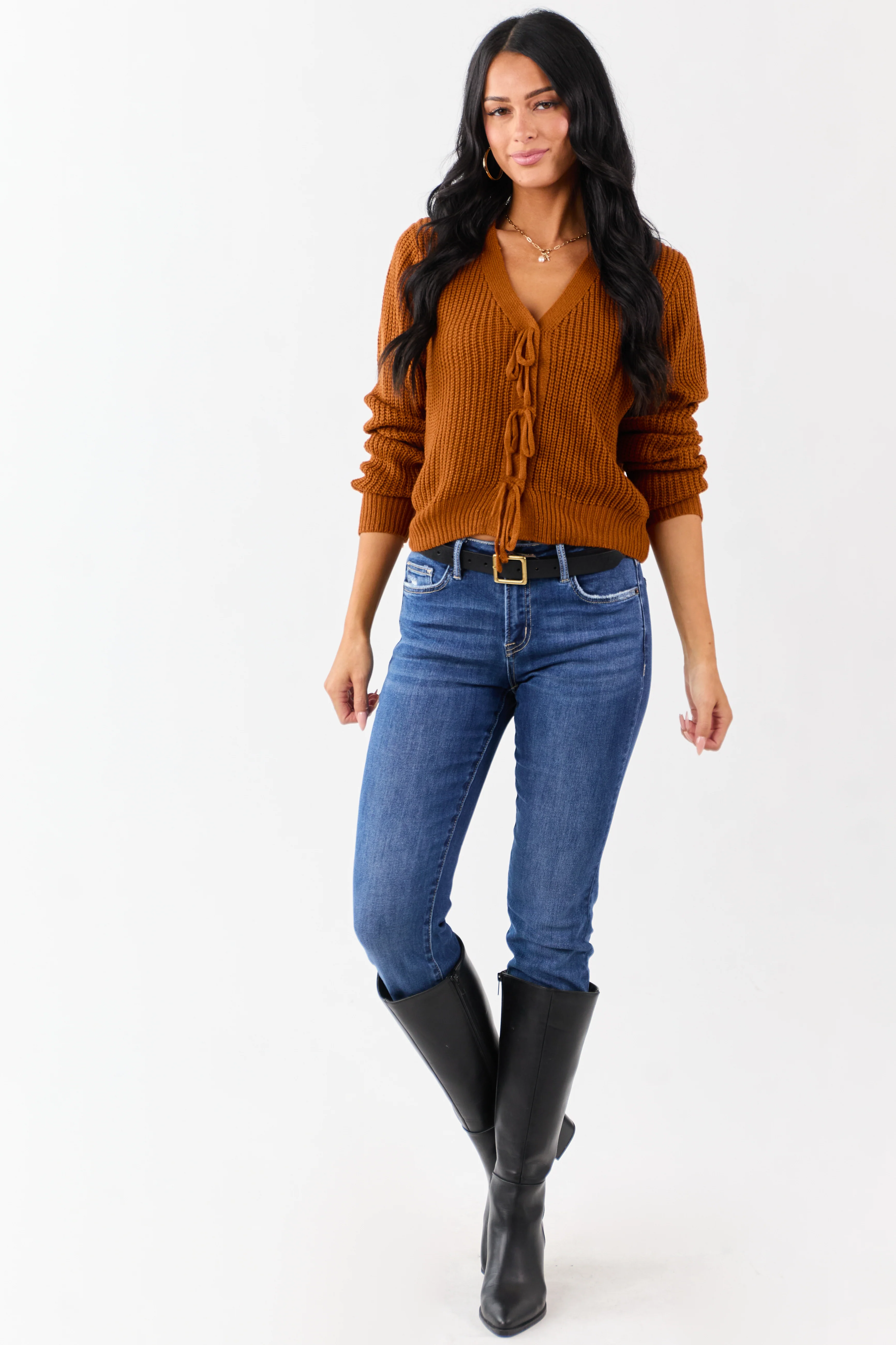 Rust Rib Knit Button Down Bow Sweater Cardigan - Image 3