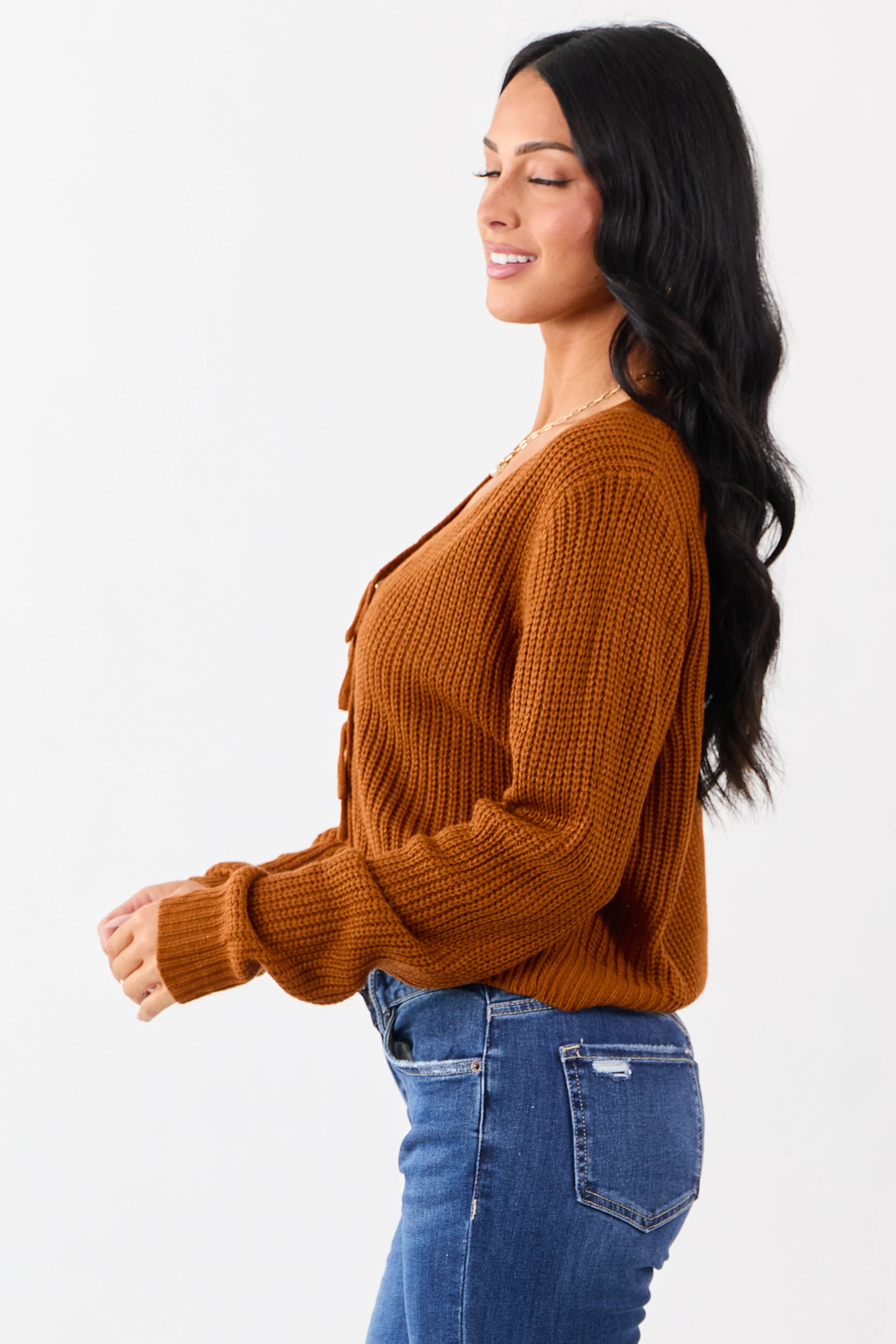 Rust Rib Knit Button Down Bow Sweater Cardigan - Image 4