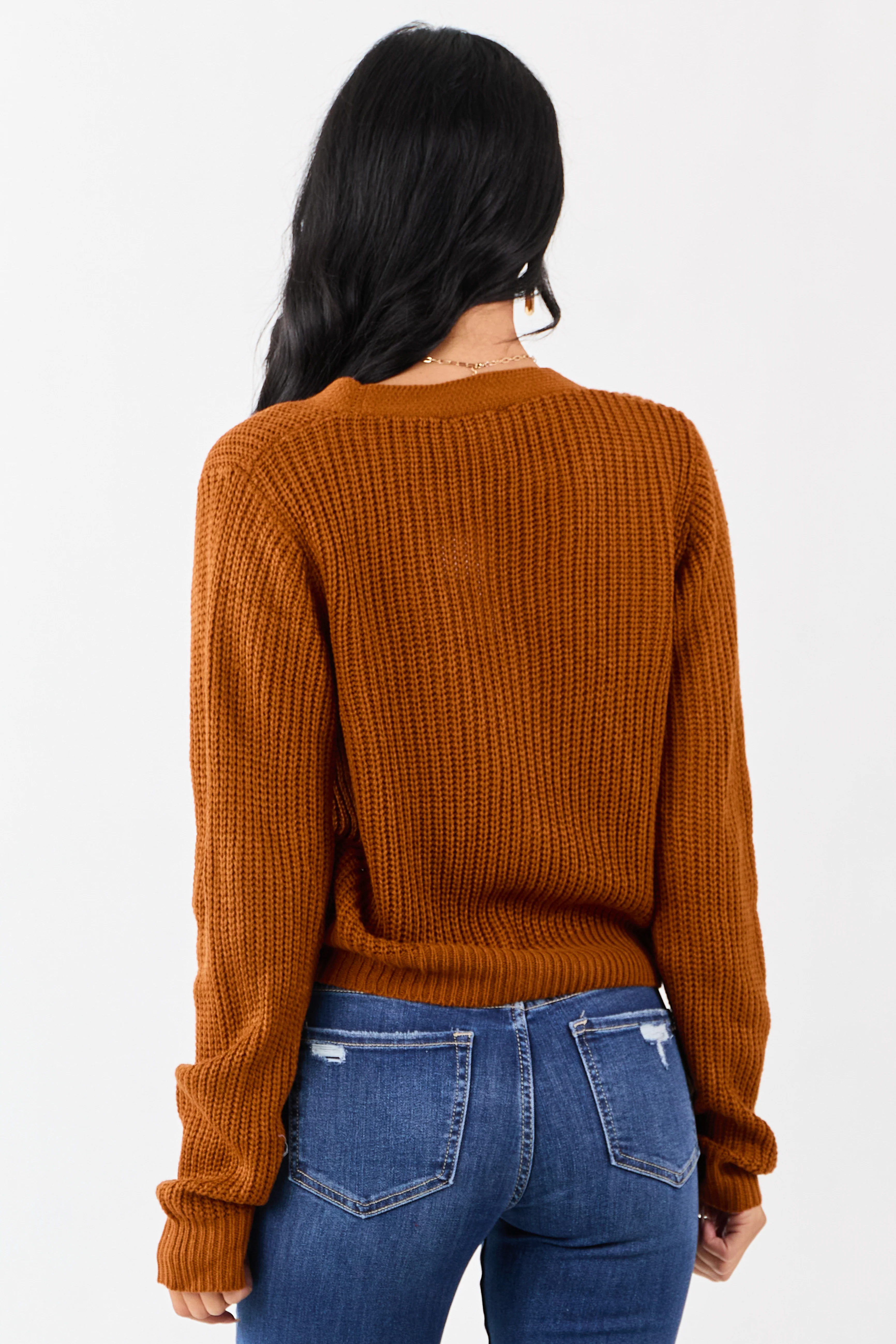 Rust Rib Knit Button Down Bow Sweater Cardigan - Image 5