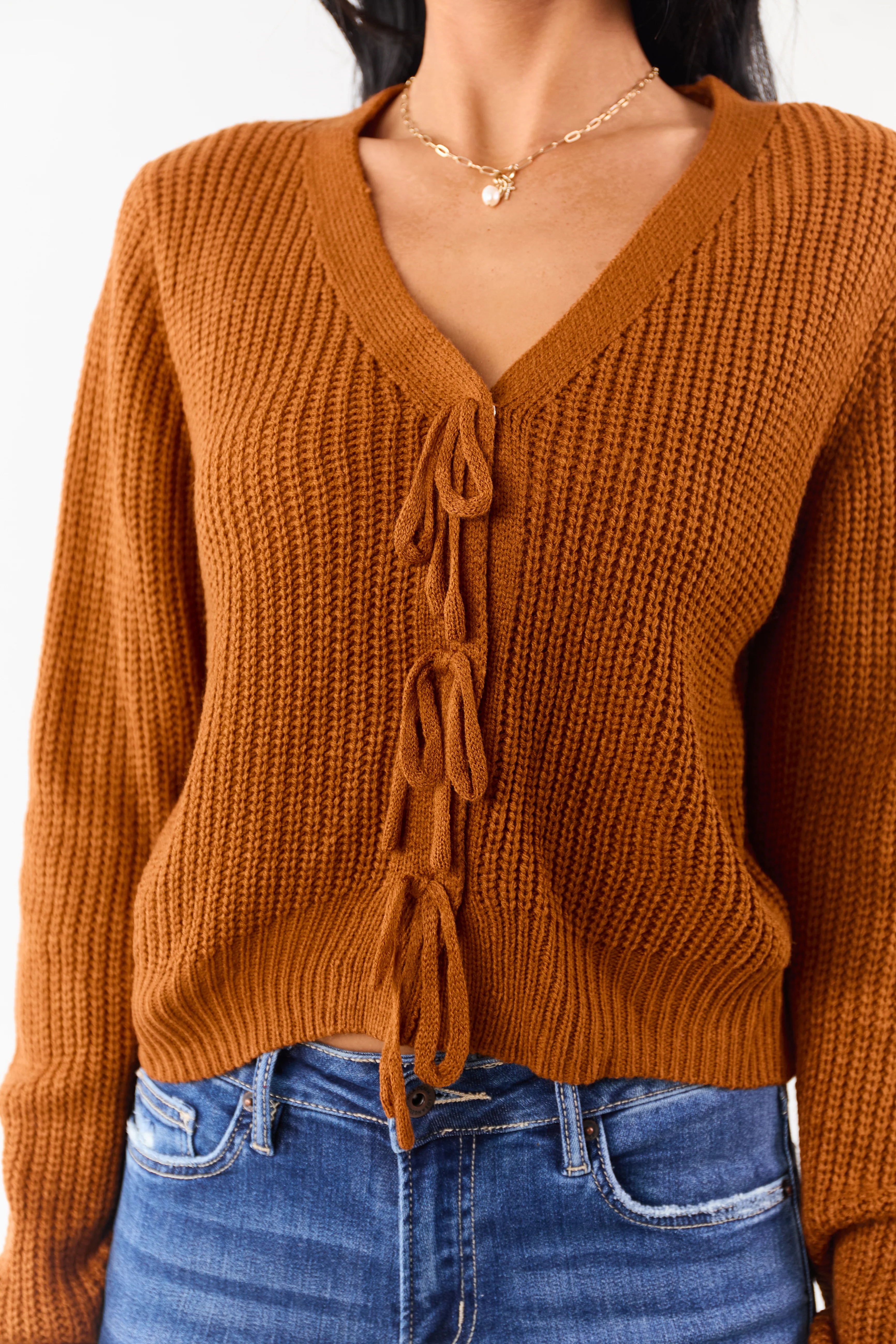 Rust Rib Knit Button Down Bow Sweater Cardigan - Image 6