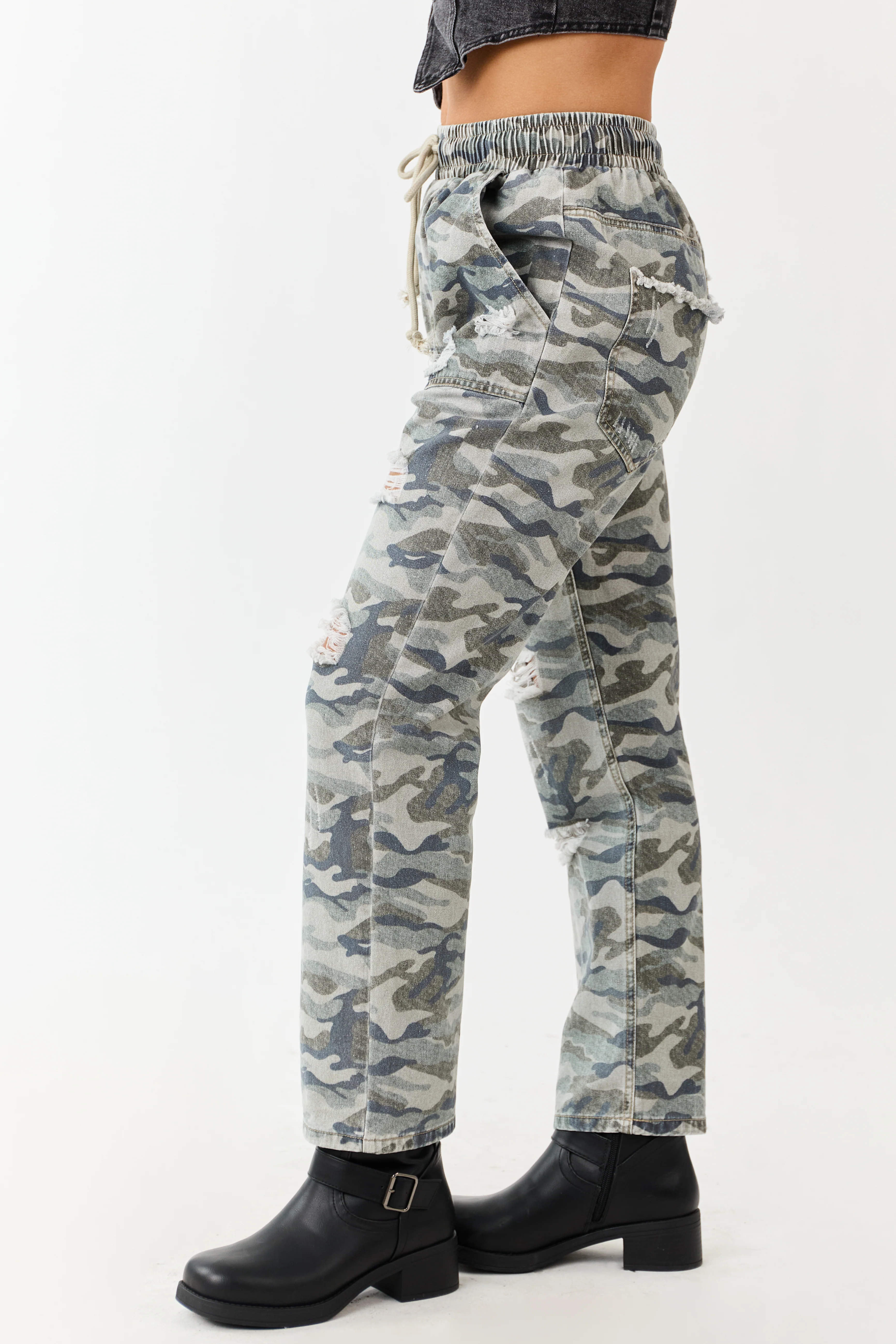 Sage Camo Print Distressed Drawstring Denim Pants - Image 4