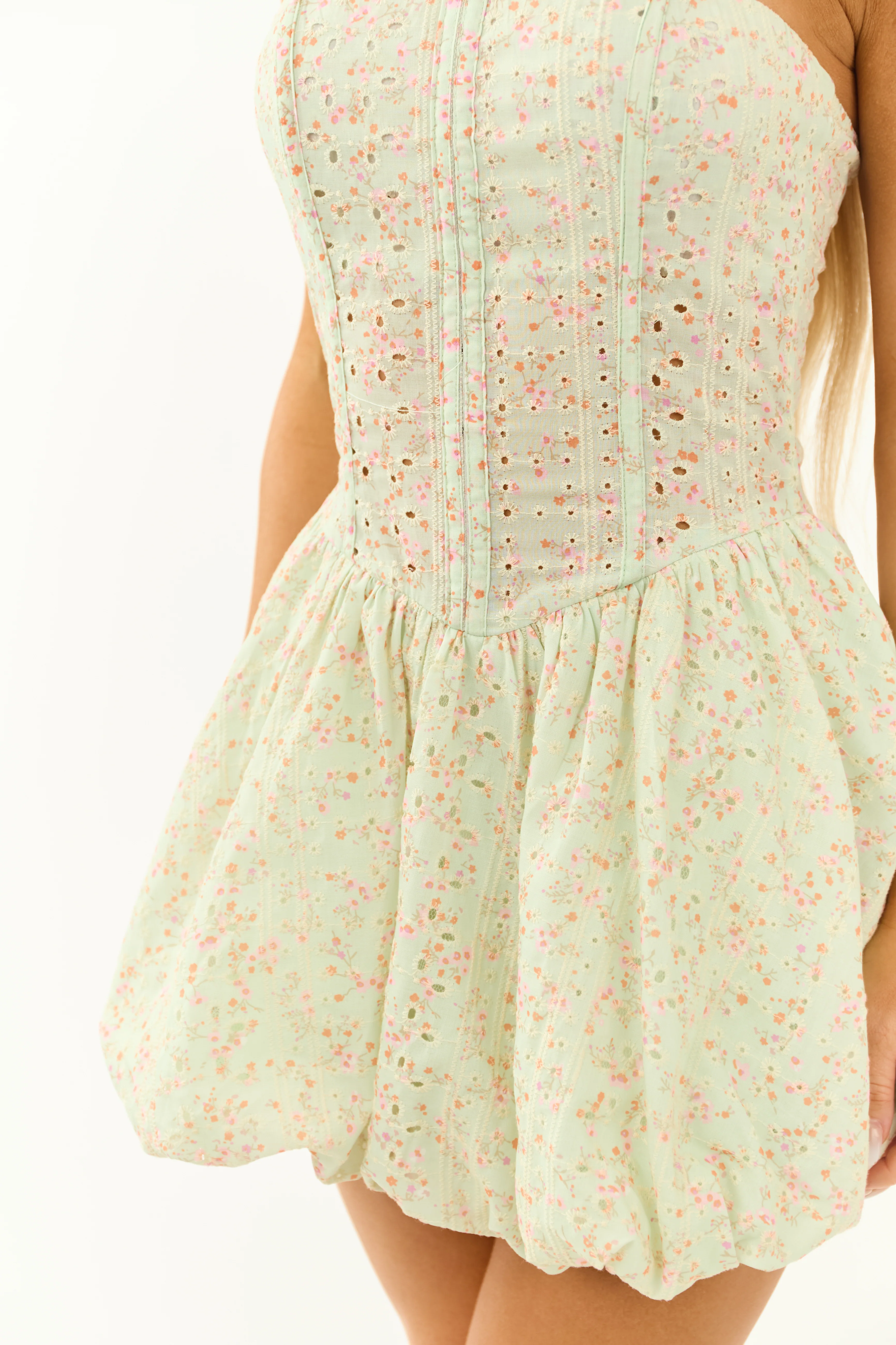 Sage Floral Print Bubble Hem Strapless Mini Dress - Image 7