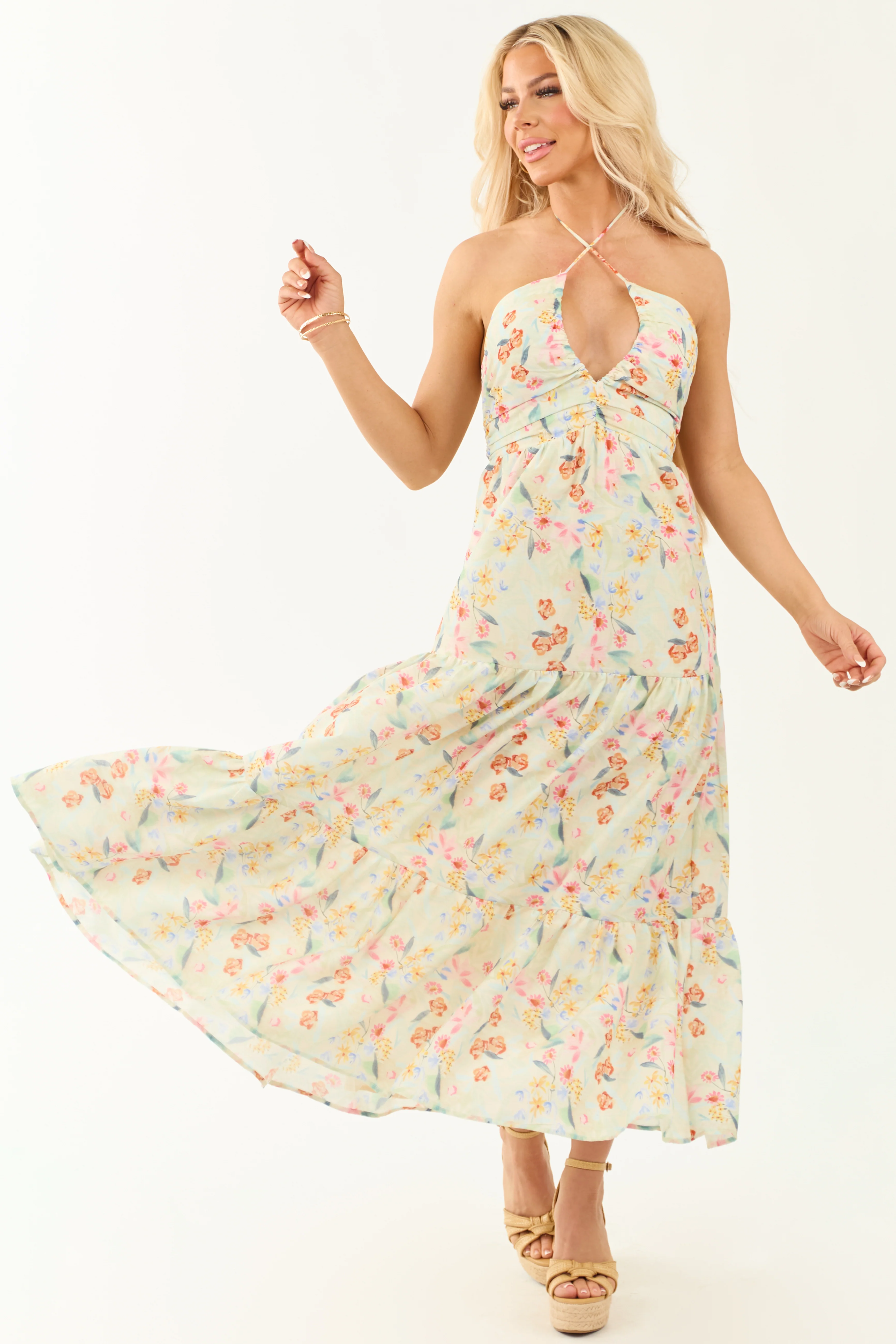 Sage Floral Print Halter Neck Sleeveless Maxi Dress - Image 4