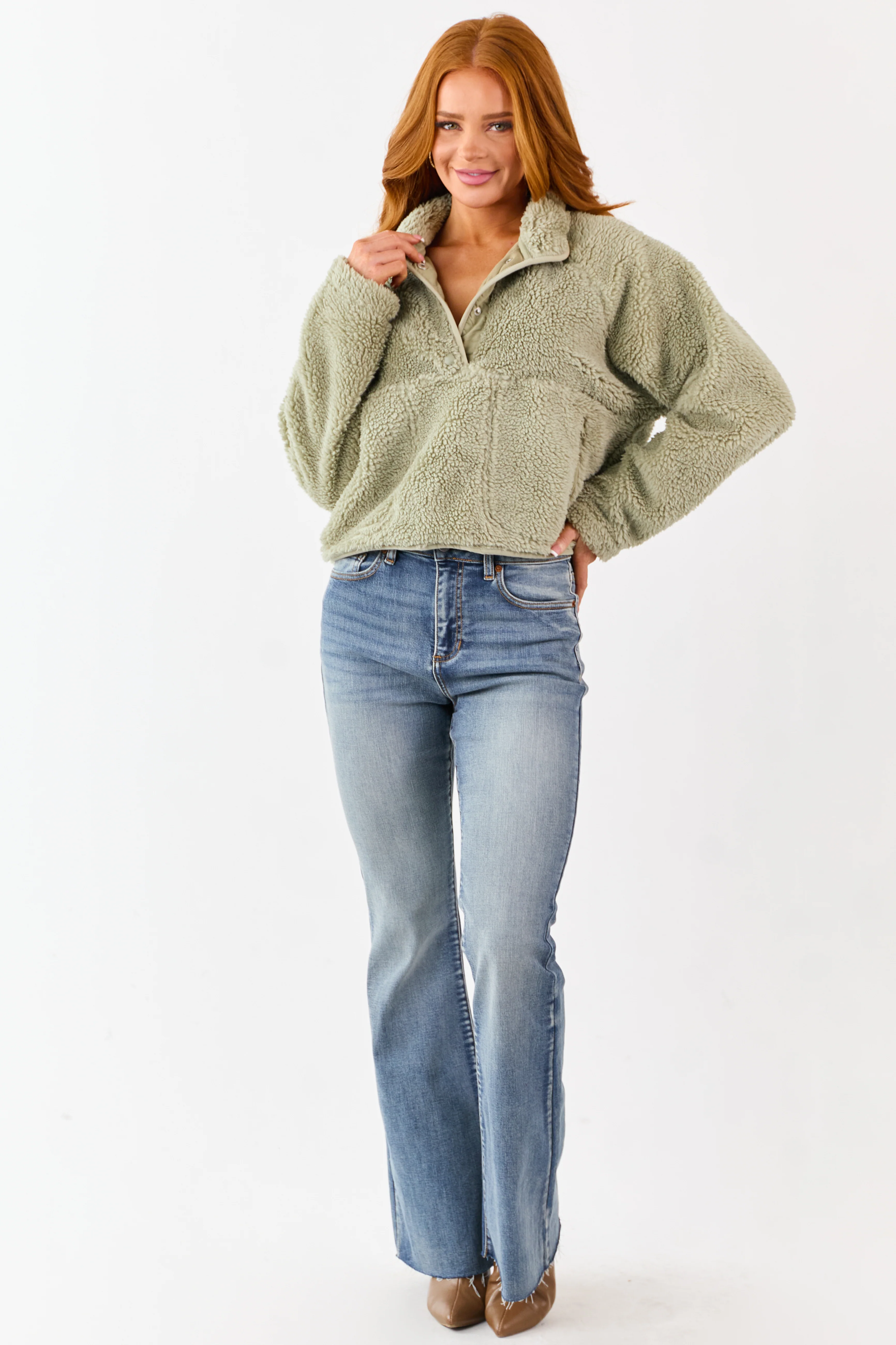 Sage Half Snap Button Sherpa Pullover Jacket - Image 2