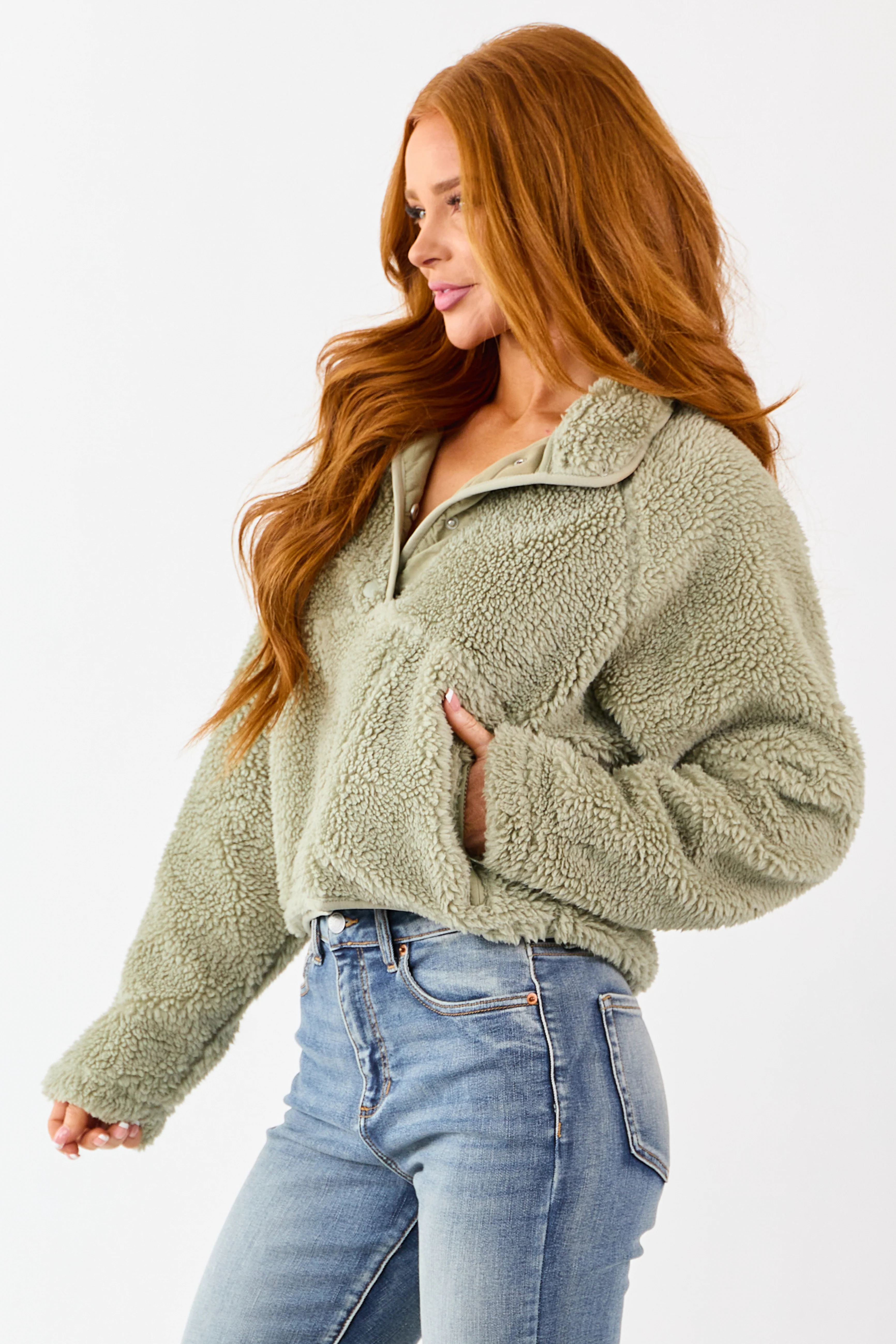 Sage Half Snap Button Sherpa Pullover Jacket - Image 4