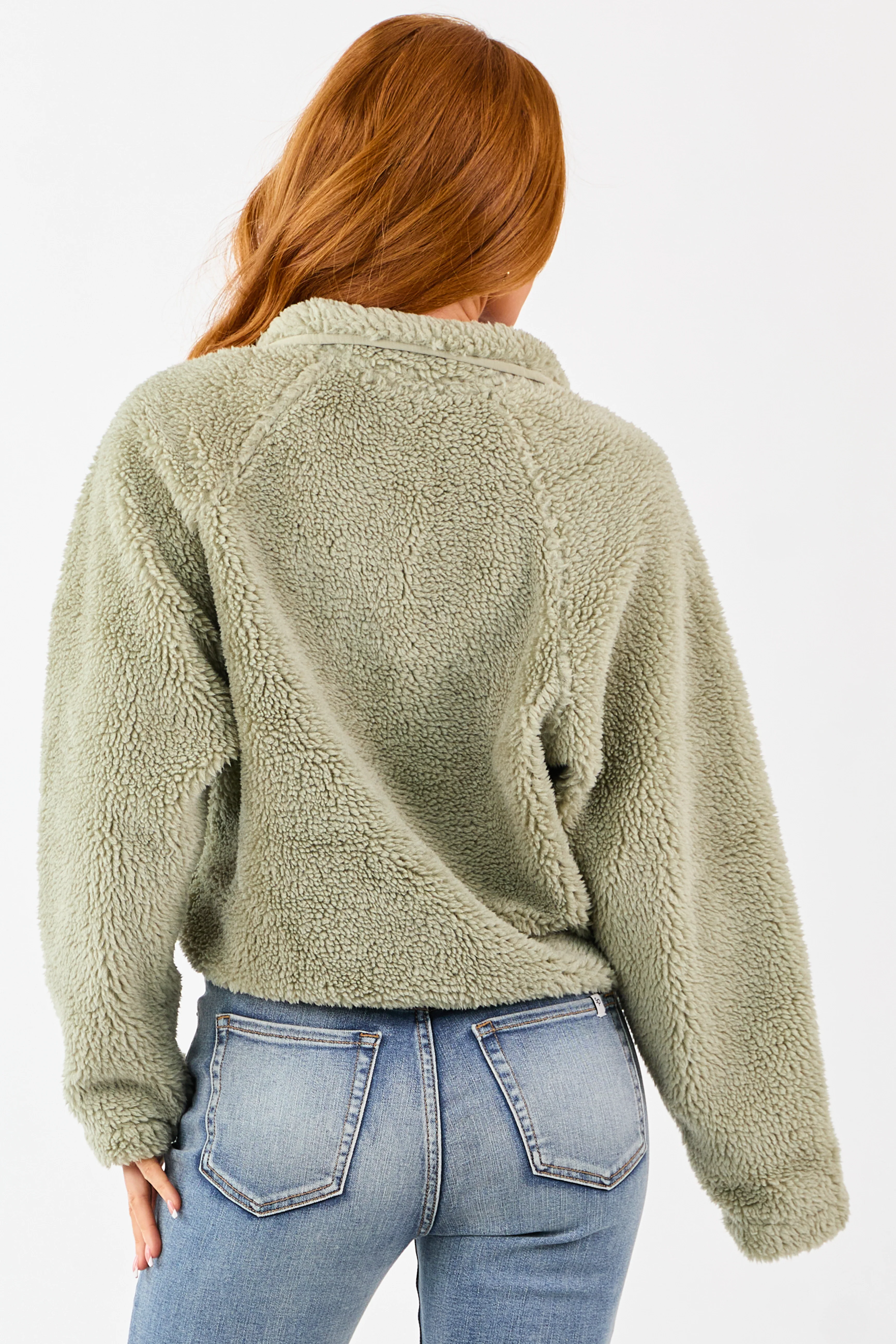 Sage Half Snap Button Sherpa Pullover Jacket - Image 5