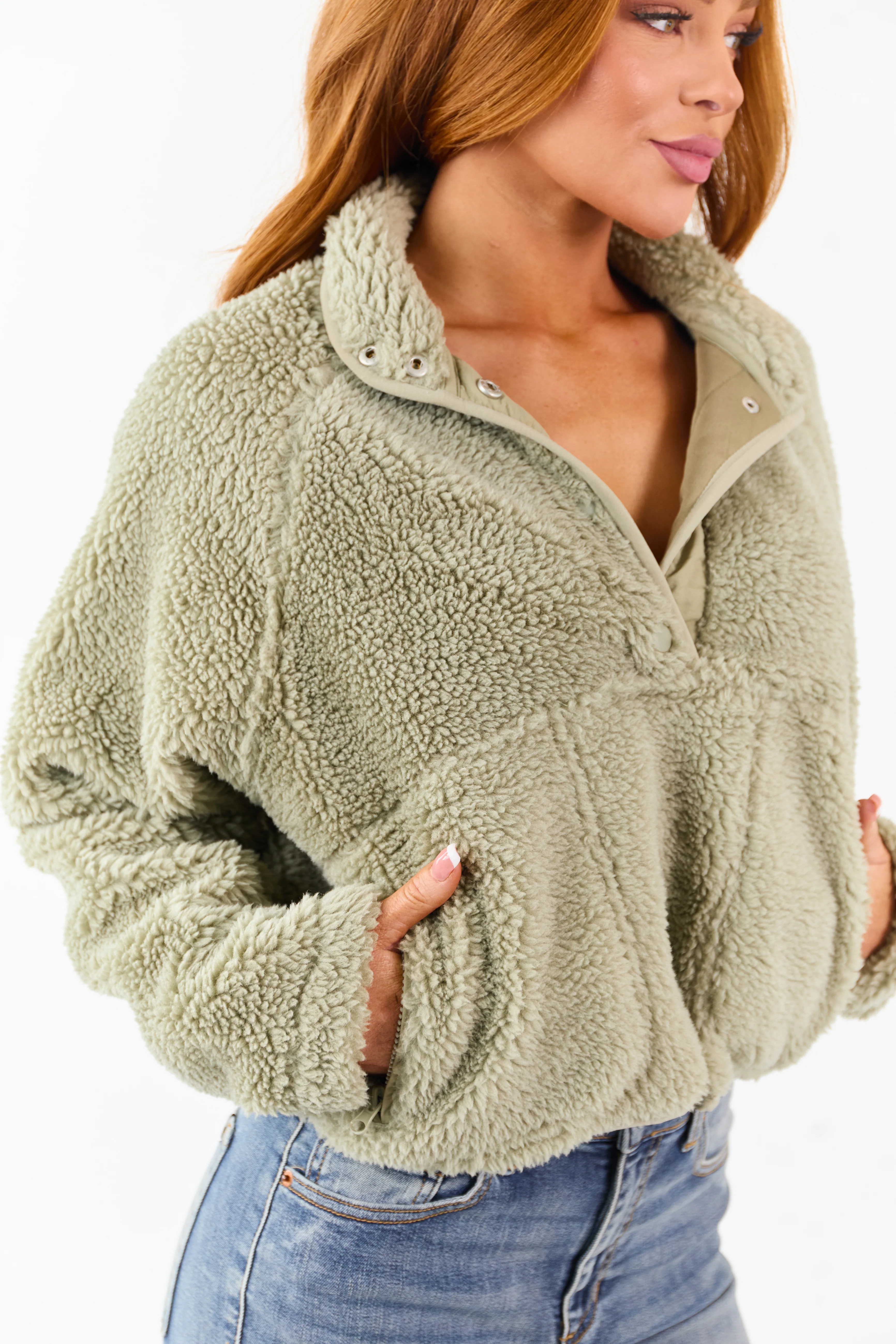 Sage Half Snap Button Sherpa Pullover Jacket - Image 6