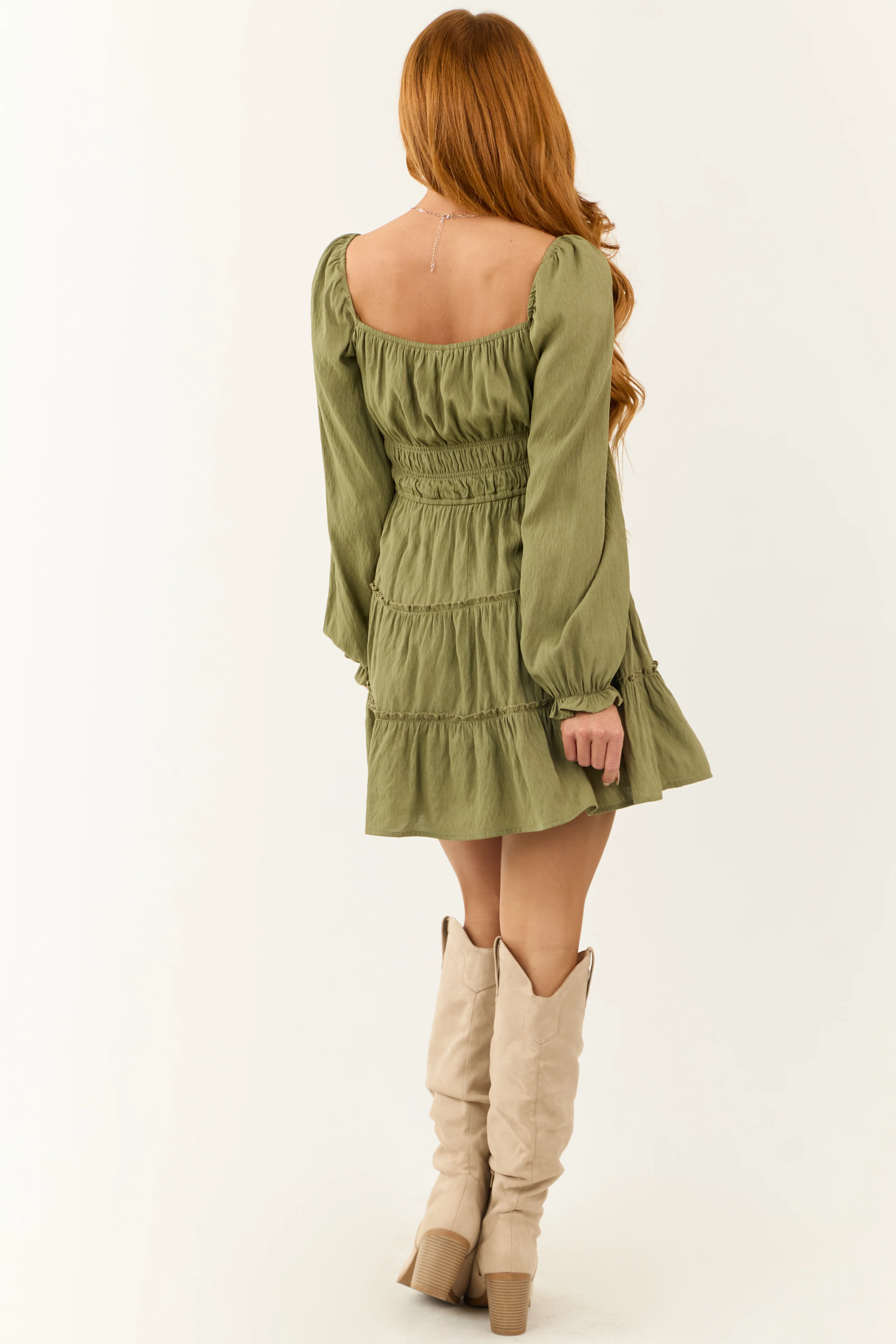 Sage Square Neck Bubble Sleeve Tiered Short Dress - Image 5