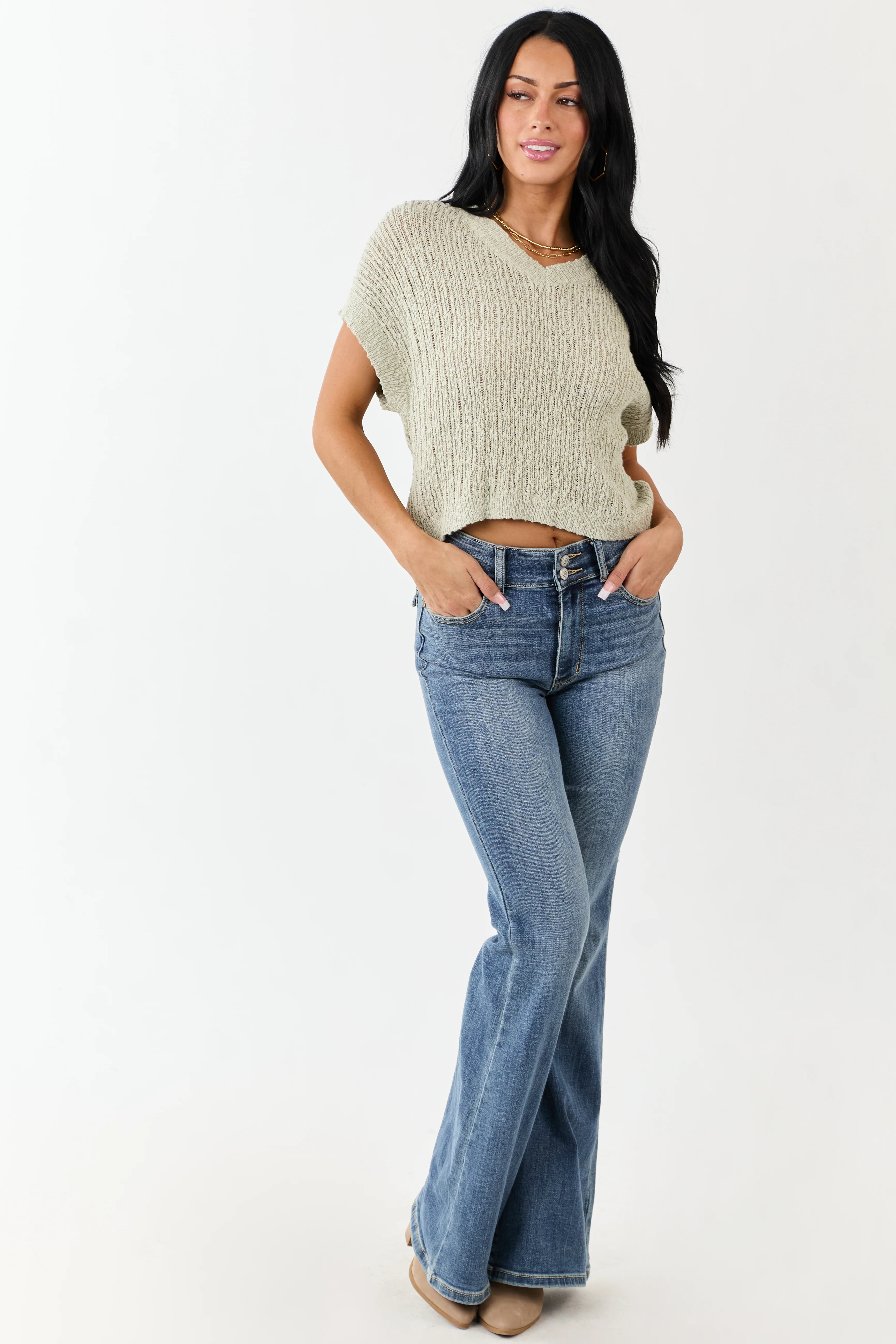 Sage V Neck Short Sleeve Cotton Sweater Top - Image 3