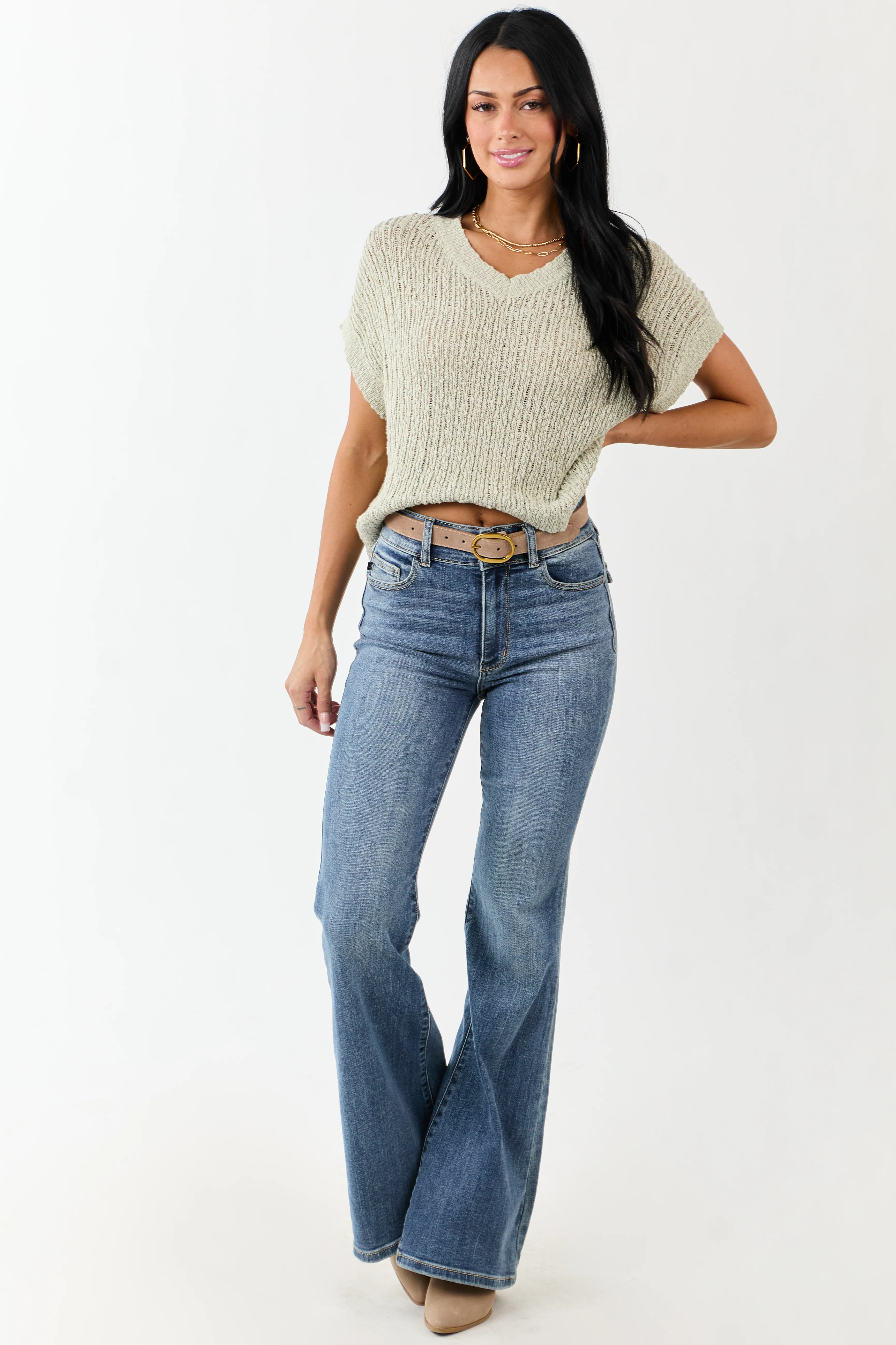 Sage V Neck Short Sleeve Cotton Sweater Top - Image 4