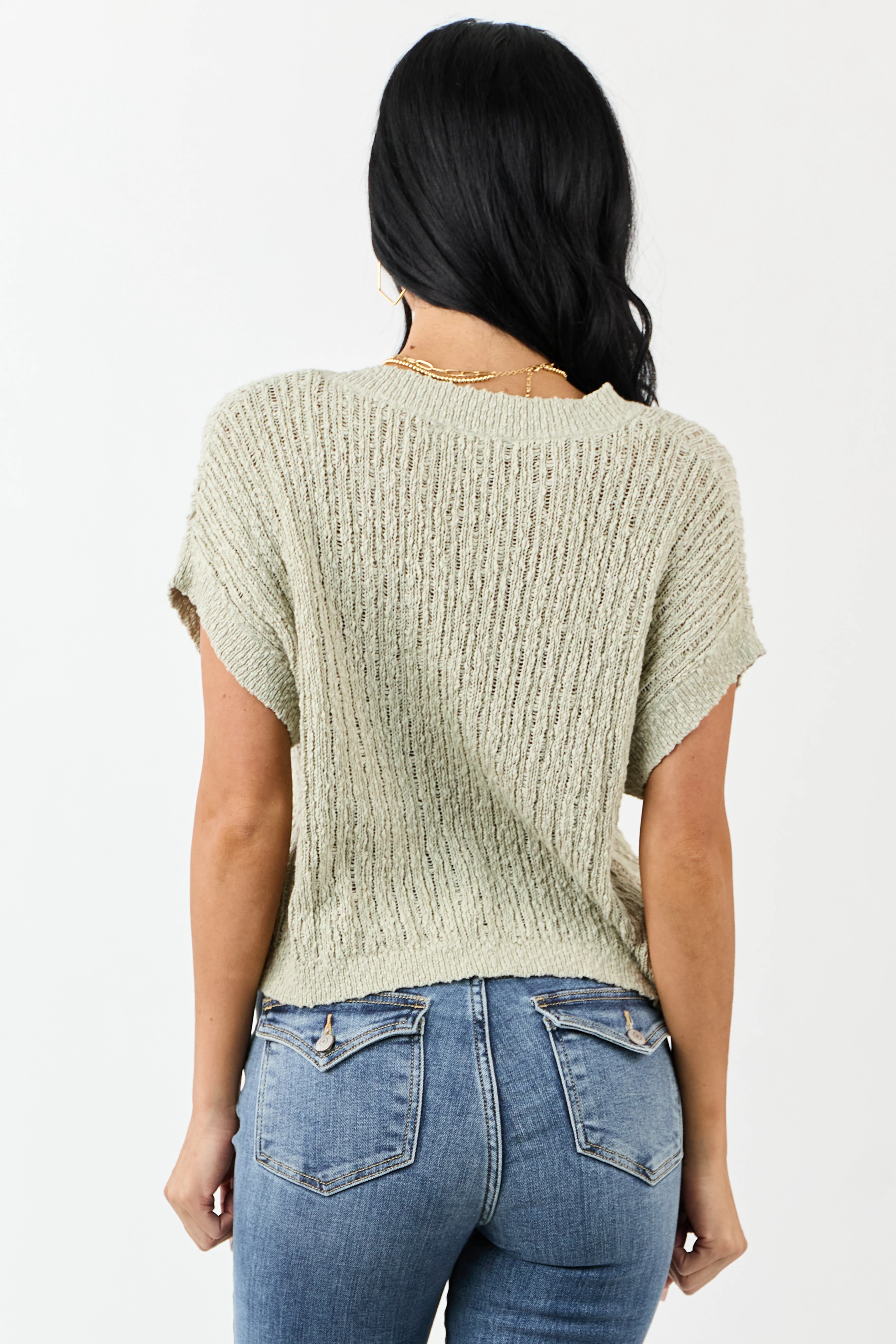 Sage V Neck Short Sleeve Cotton Sweater Top - Image 6