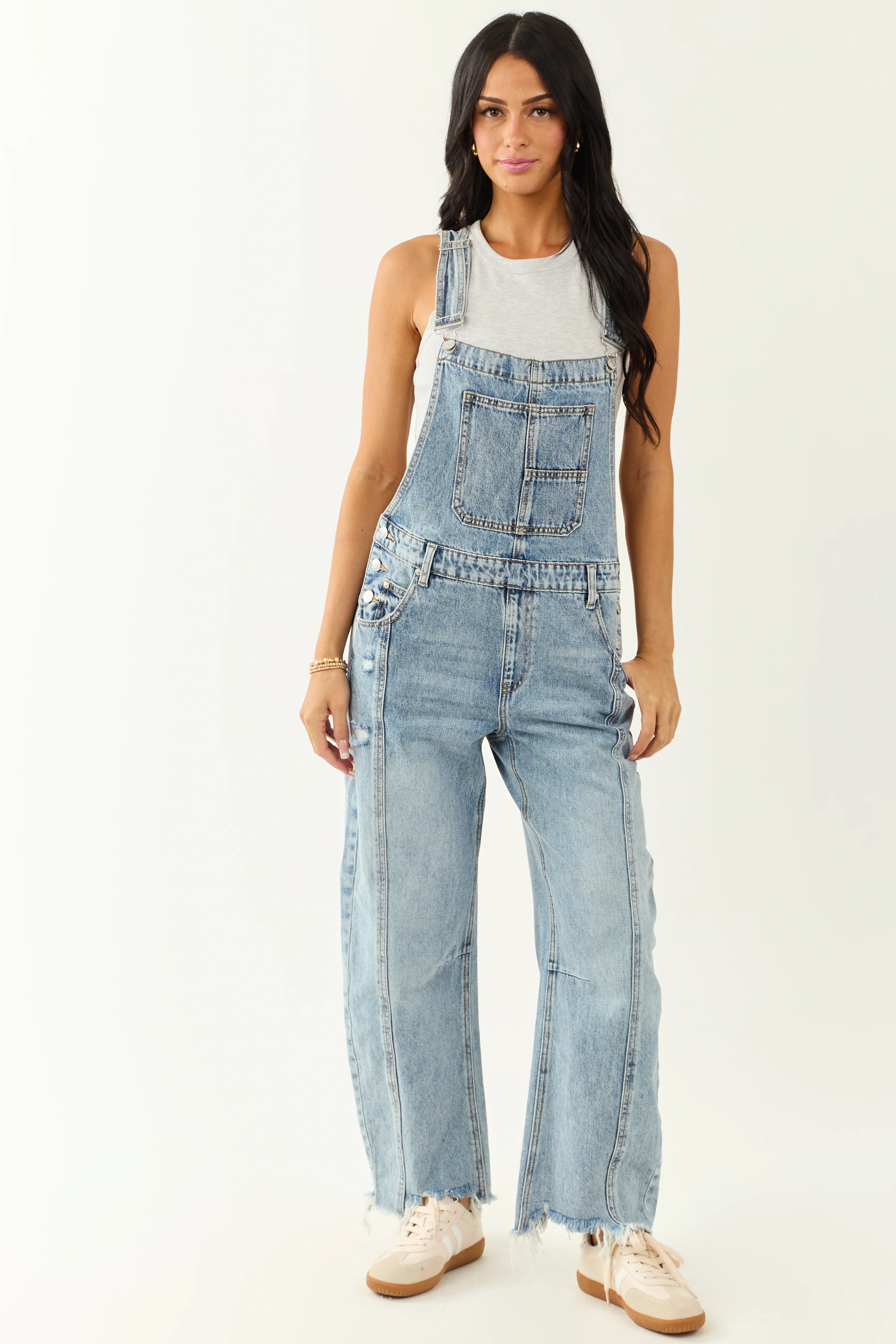Saige Light Wash Denim Barrel Leg Overalls - Image 2