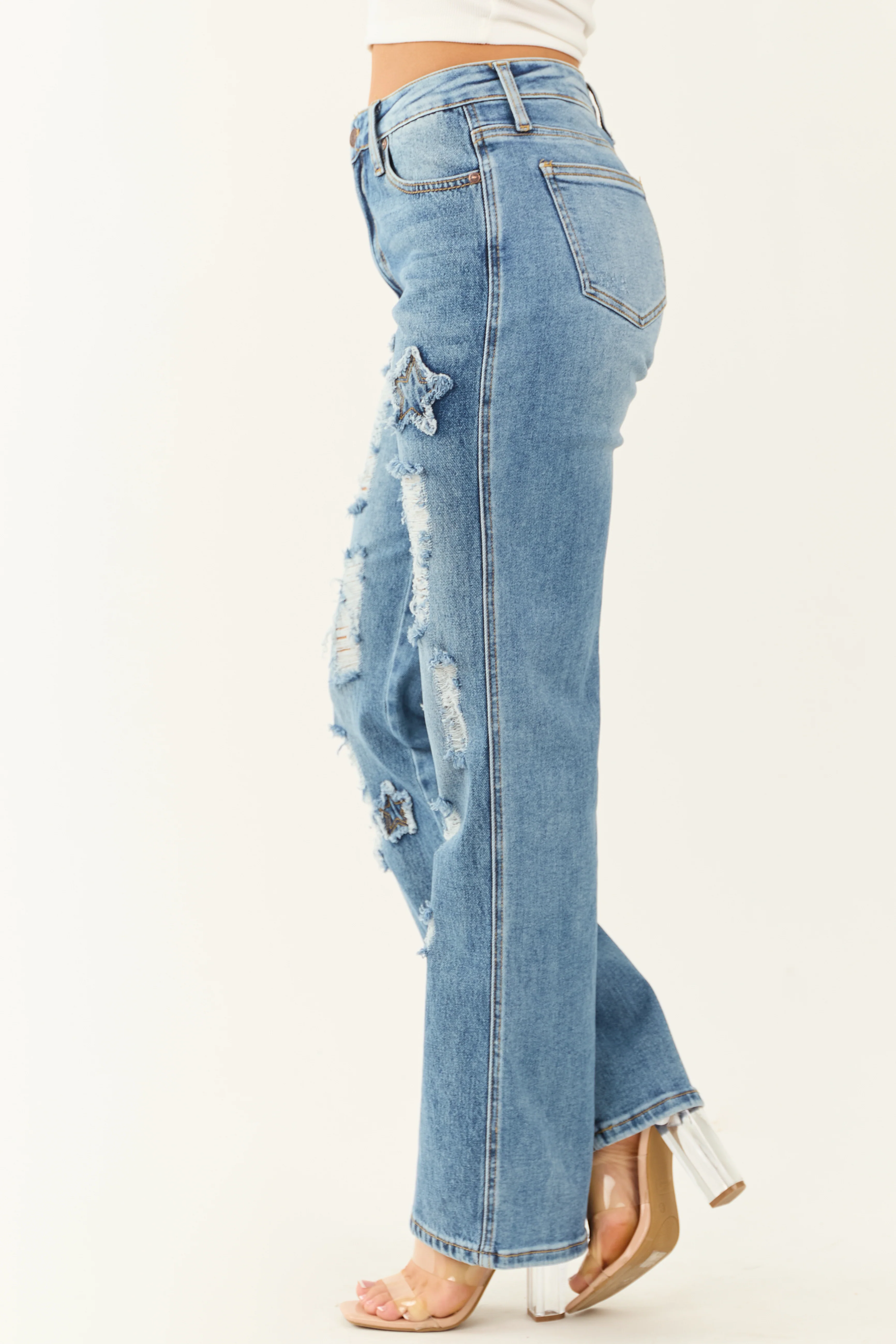 Saige Medium Wash Distressed Star Patch Straight Jeans - Image 3