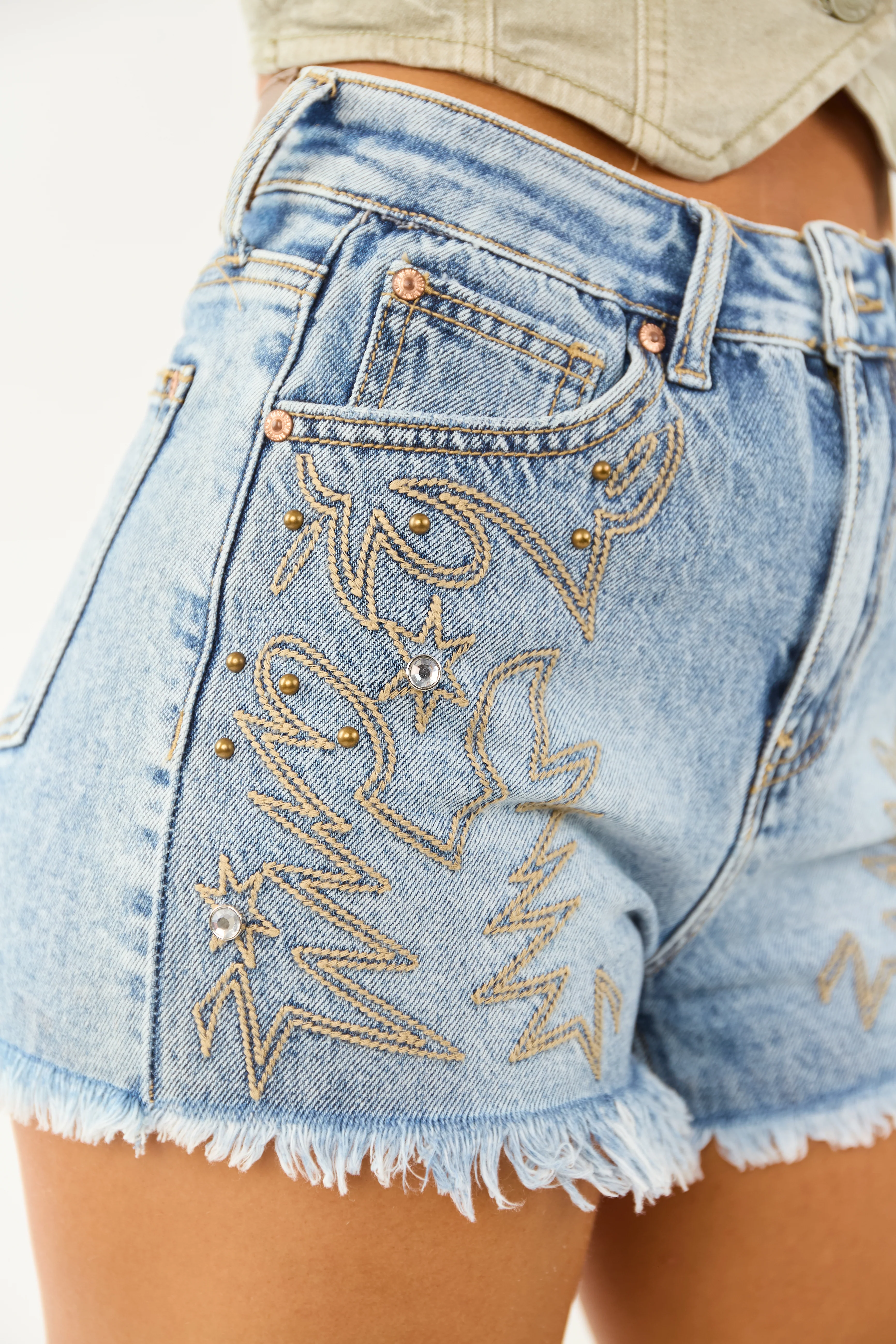 Saige Medium Wash High Rise Western Embroidery Shorts - Image 2