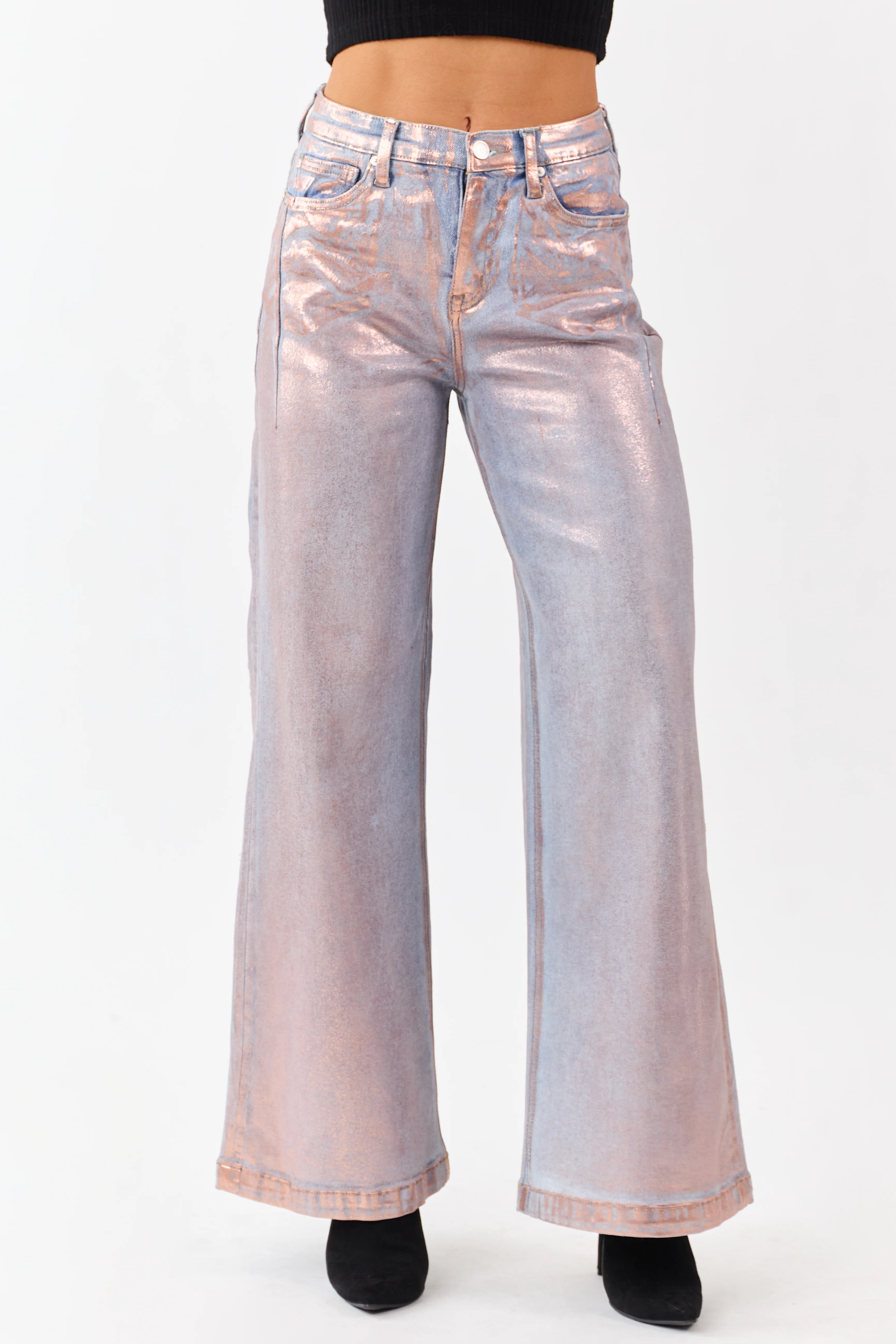 Saige Pink Metallic Wide Stretchy Tummy Control Jeans - Image 3