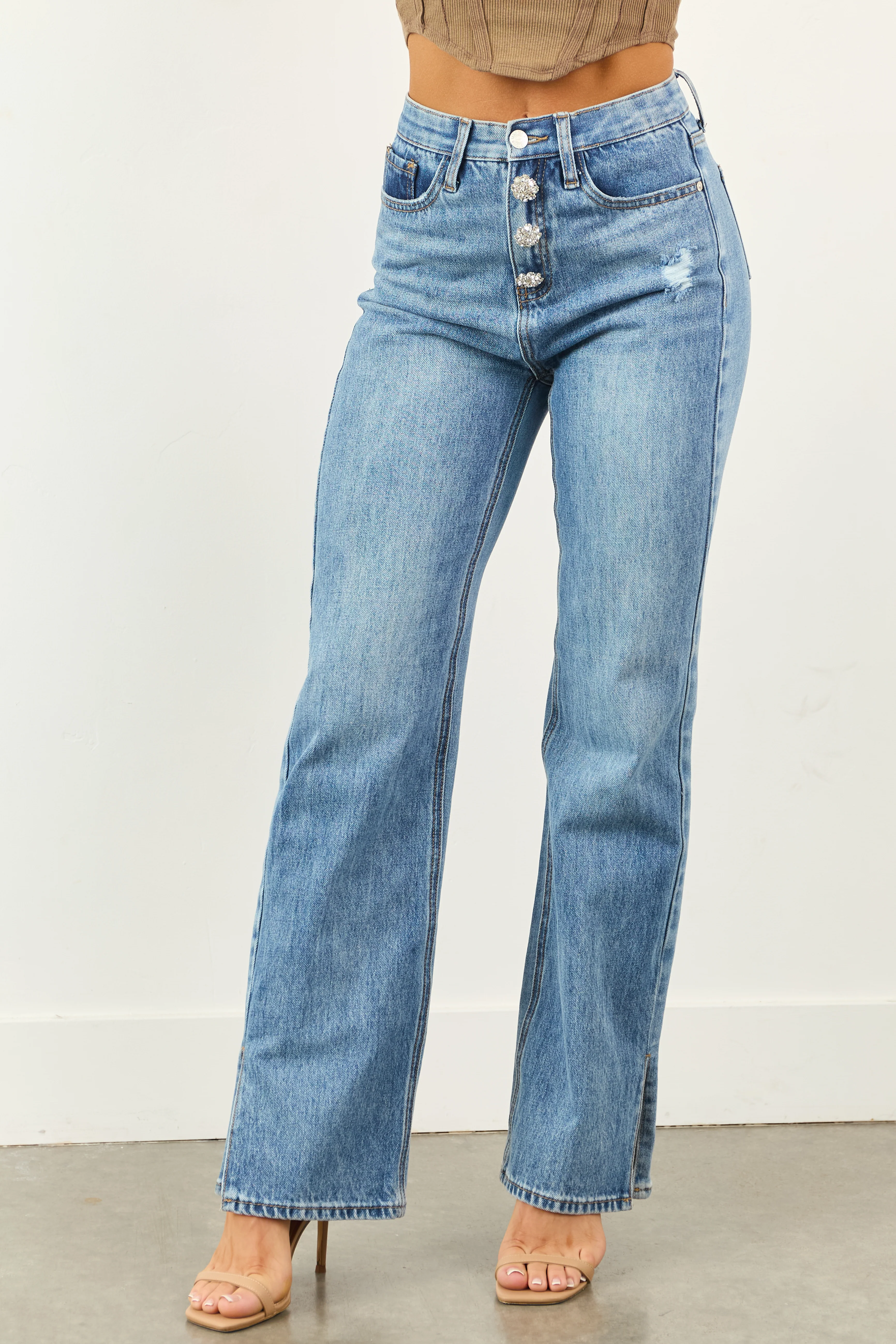 Saige Tummy Control Jewel Button Fly Straight Jeans
