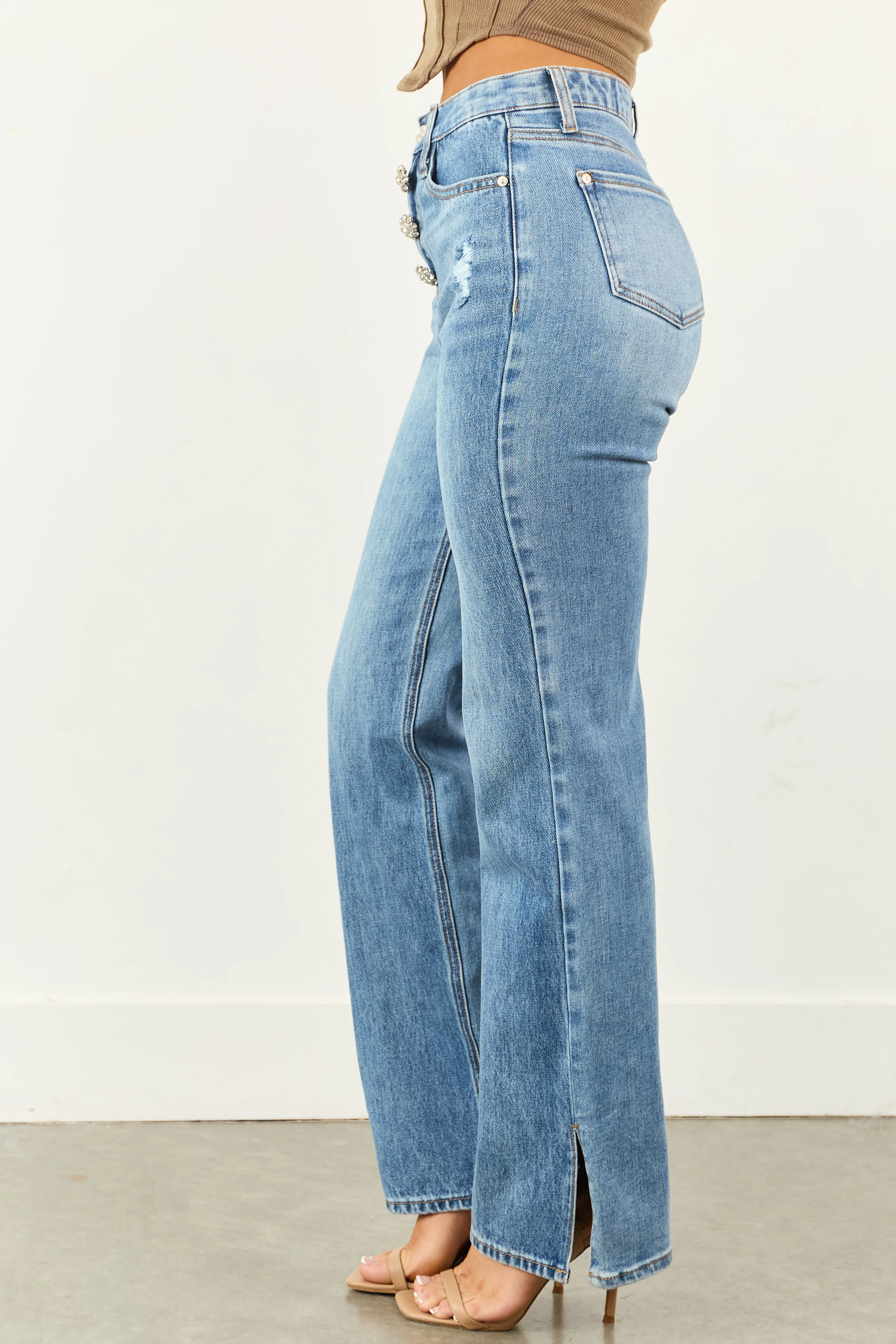 Saige Tummy Control Jewel Button Fly Straight Jeans - Image 3