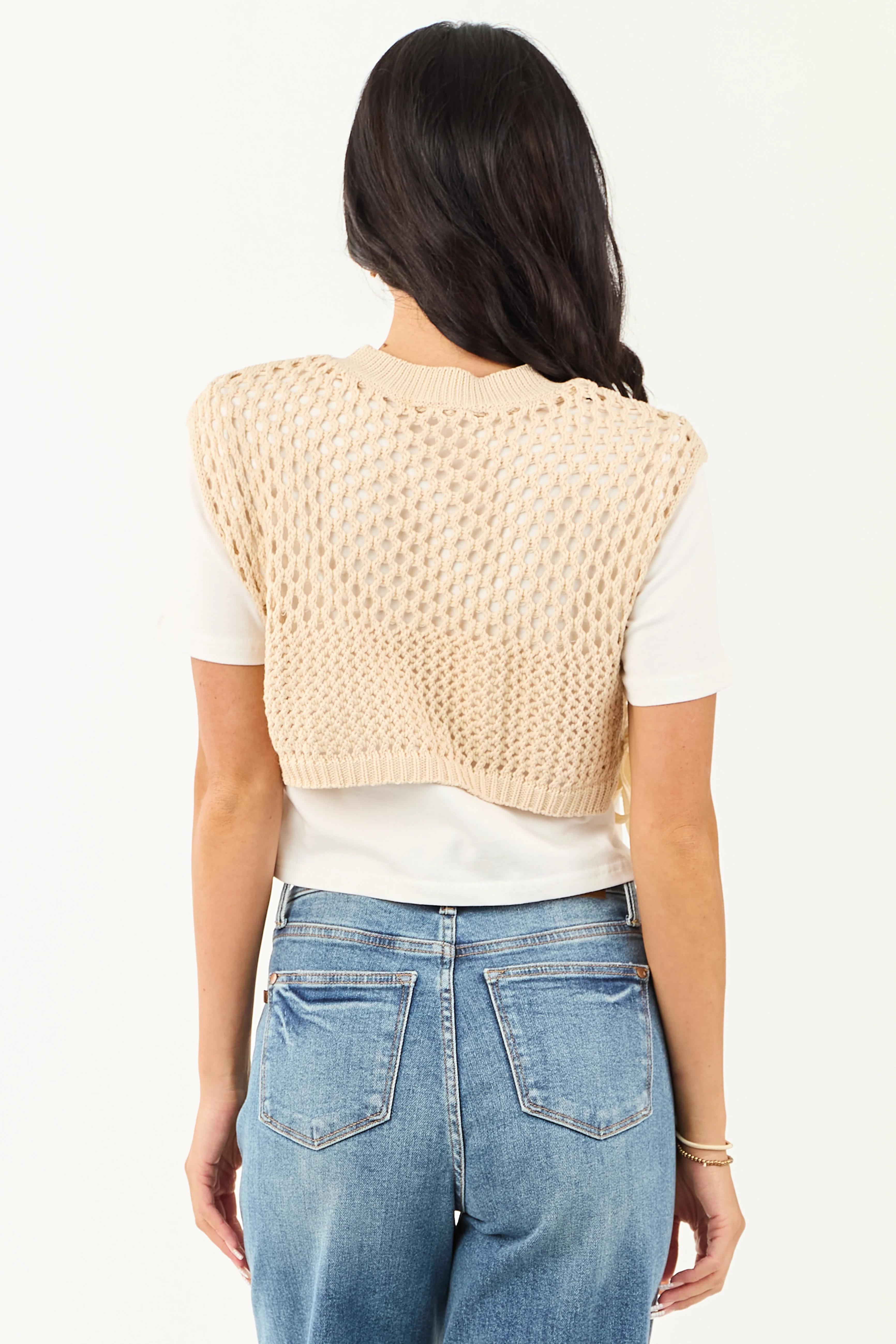 Sand Layered Crochet Short Sleeve Crop Top - Image 5