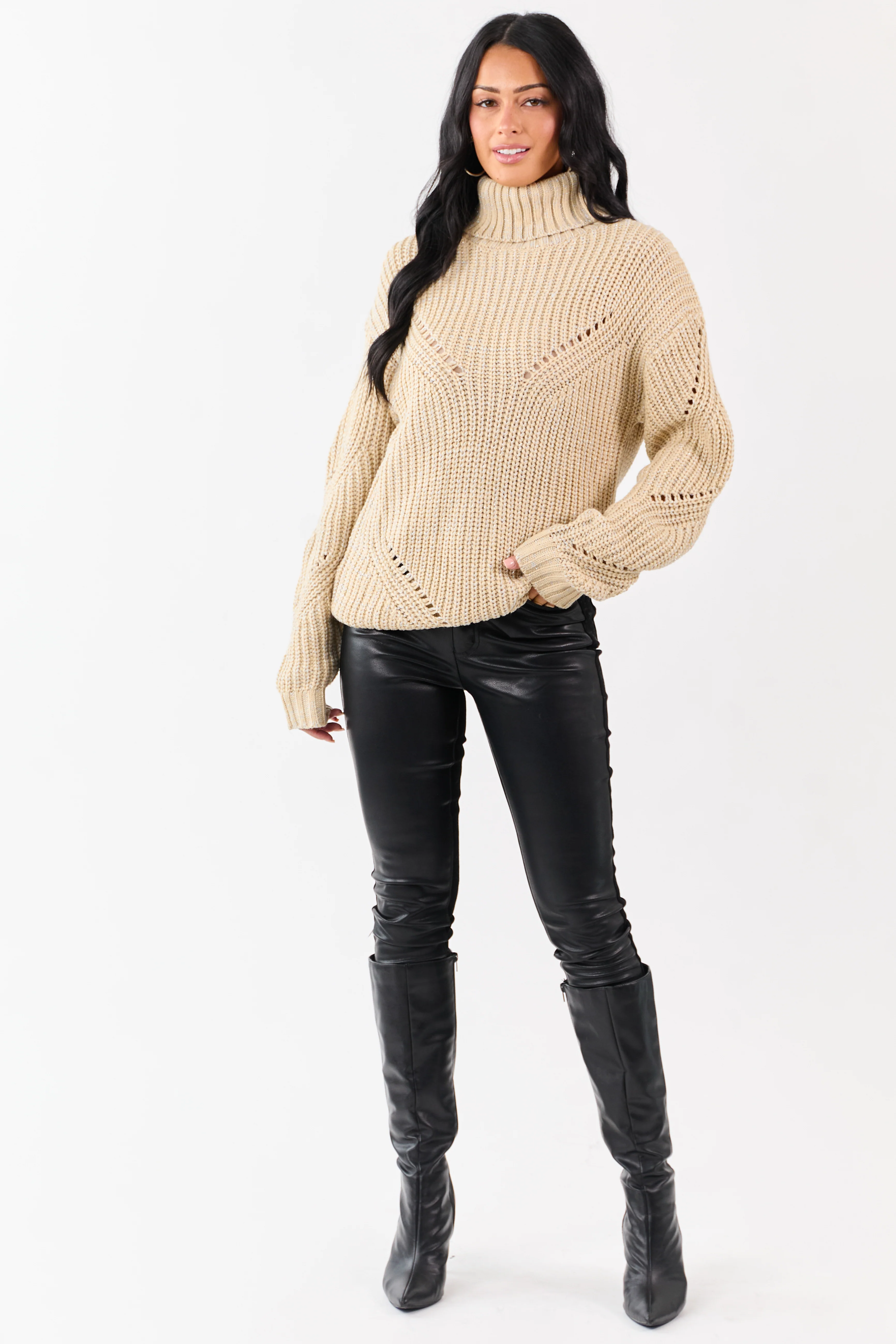 Sand Lurex Stitch Turtleneck Pointelle Ribbed Sweater - Image 3